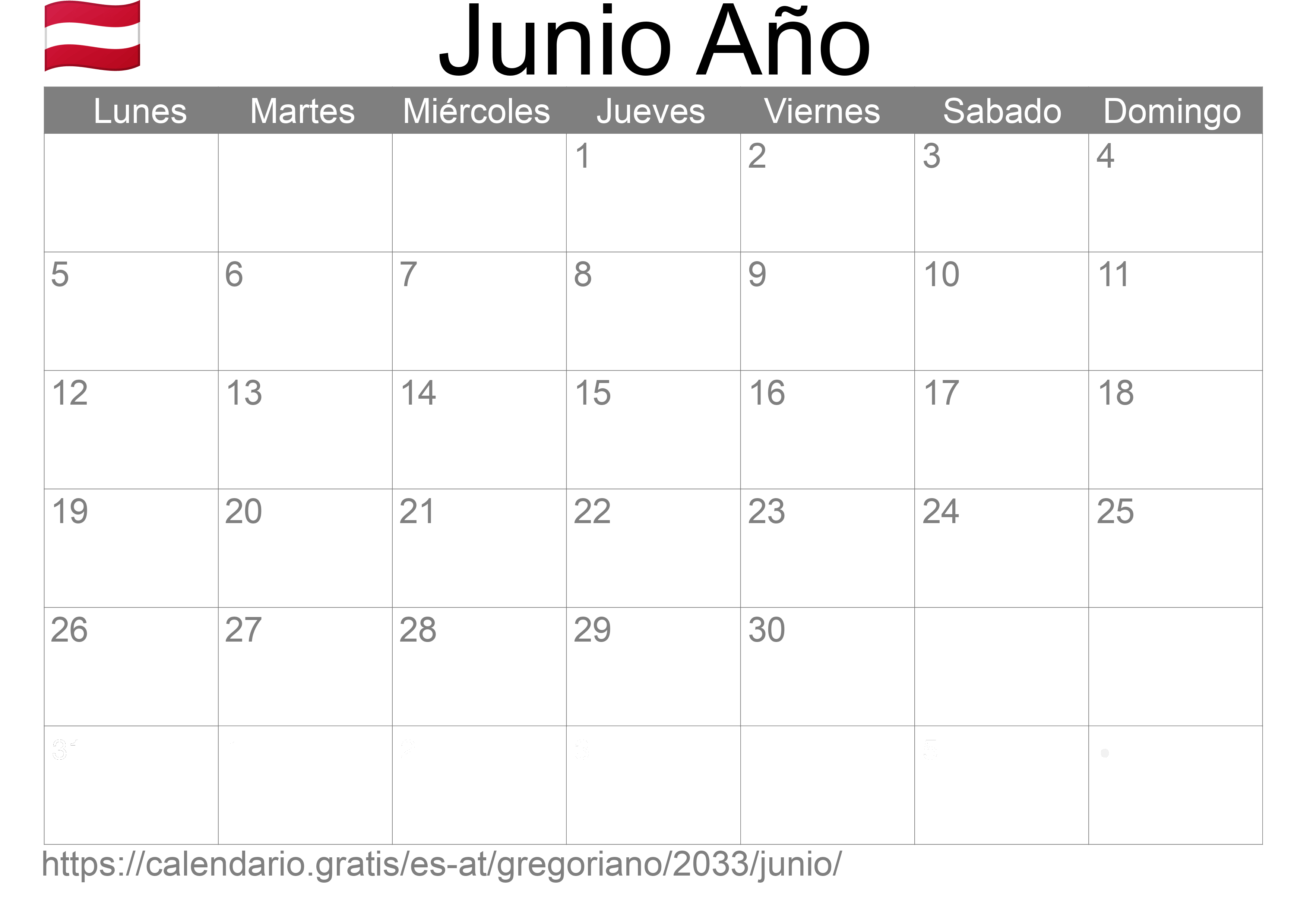 Calendario Junio 2033 para imprimir