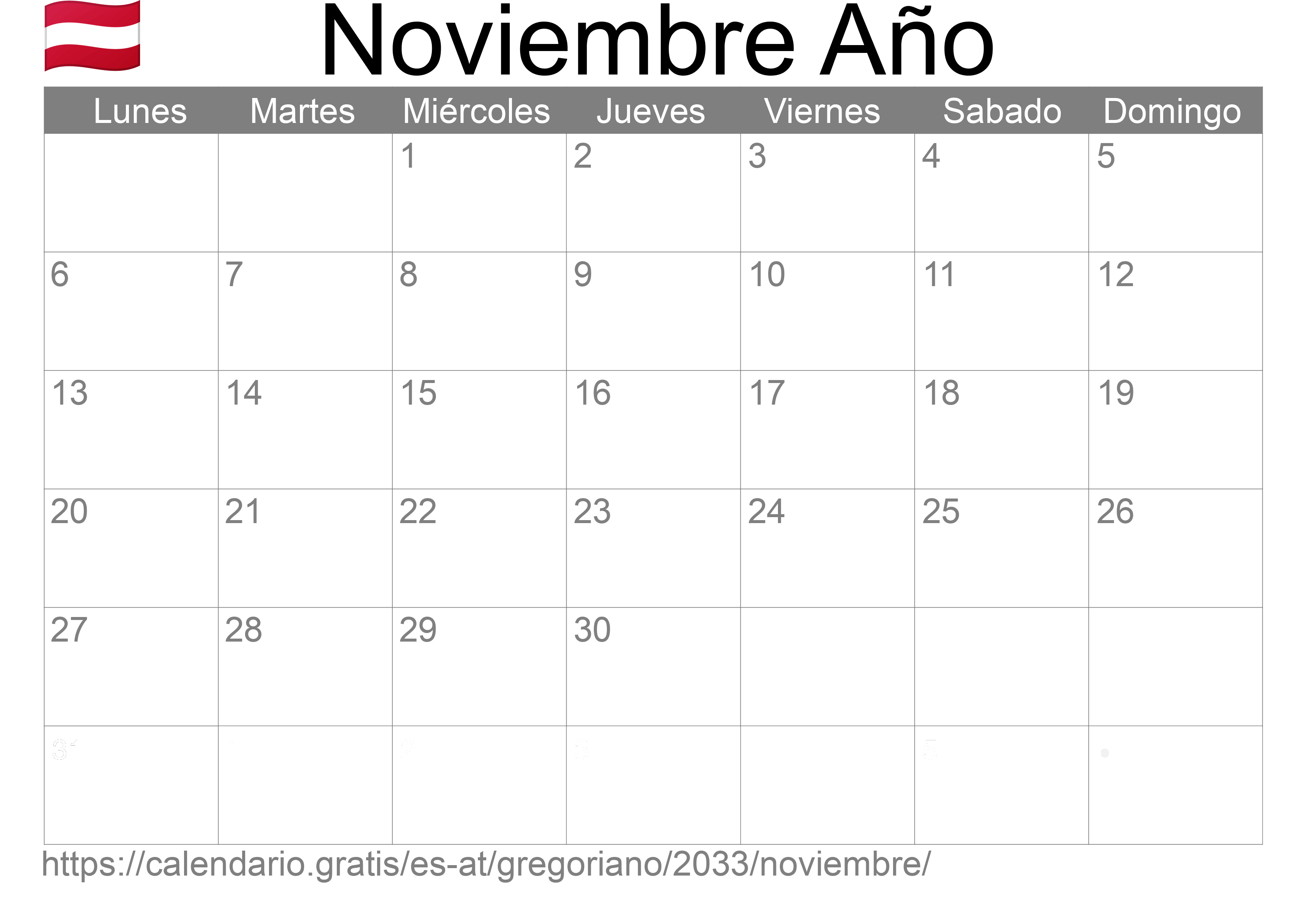 Calendario Noviembre 2033 para imprimir