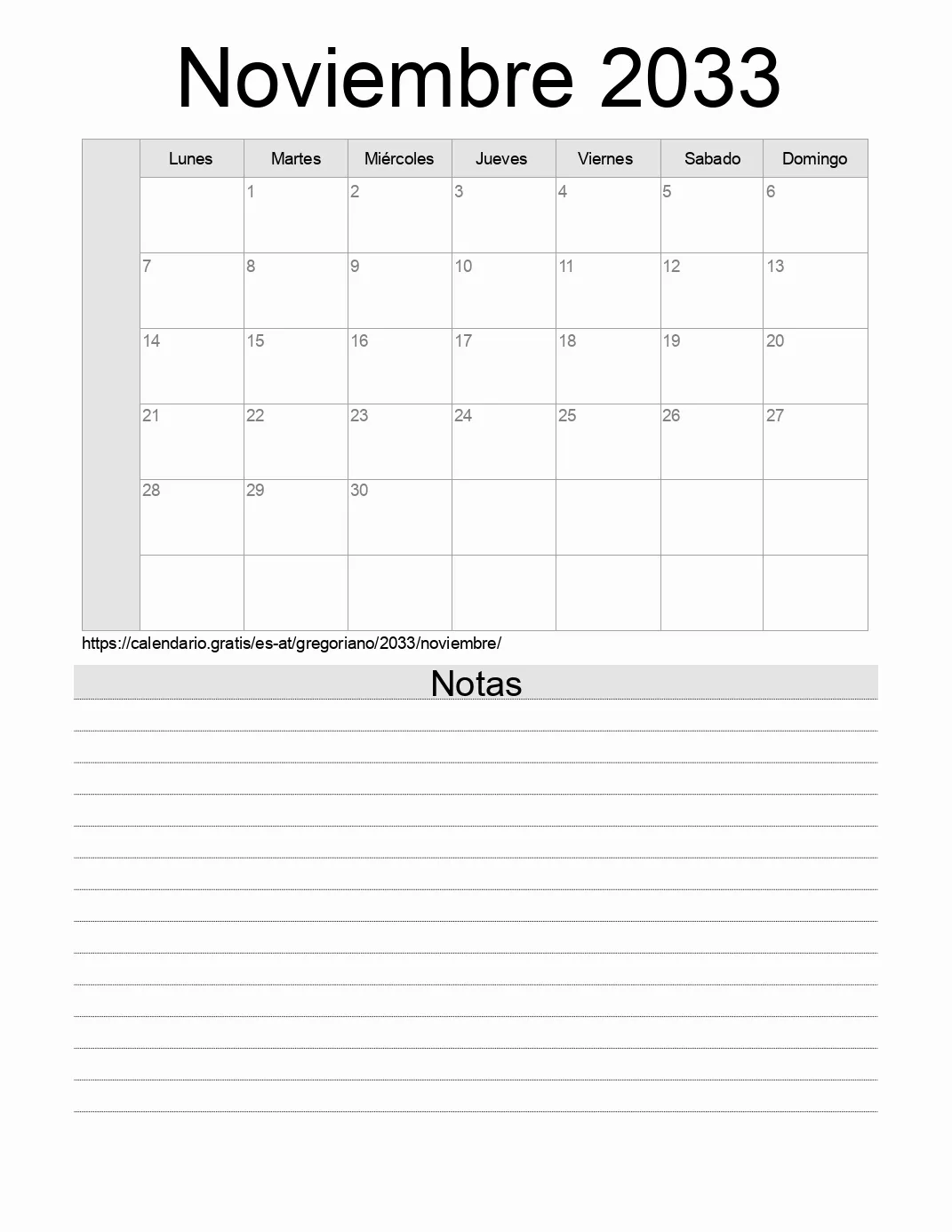 Calendario Noviembre 2033 para imprimir con notas. (Austria)