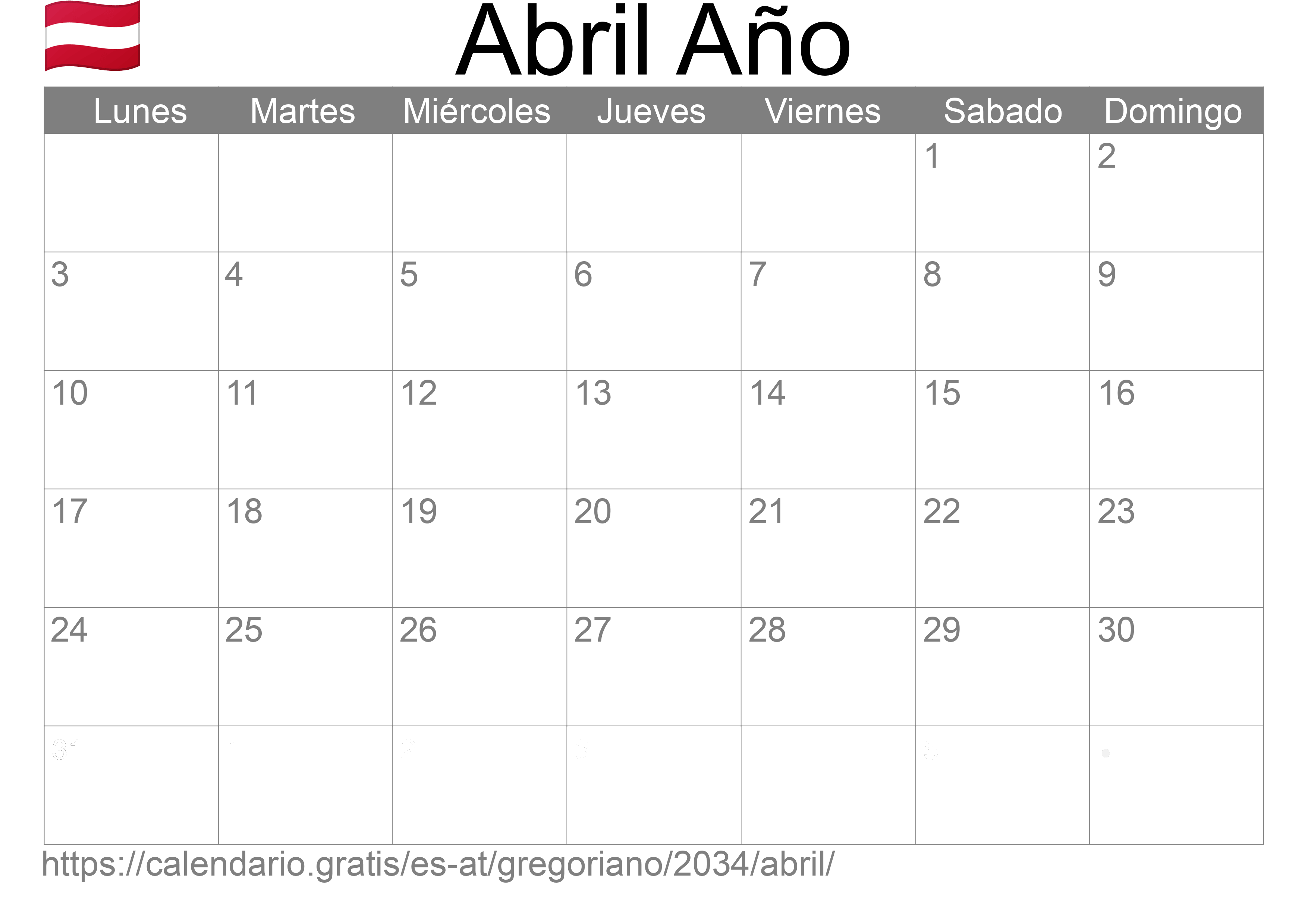 Calendario Abril 2034 para imprimir