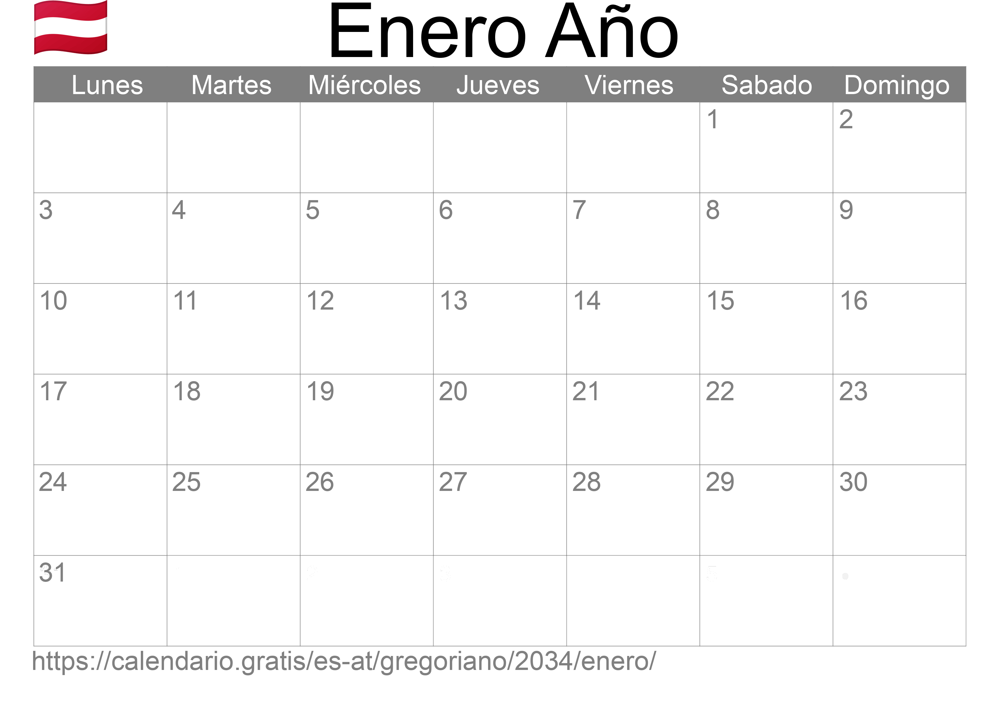 Calendario Enero 2034 para imprimir