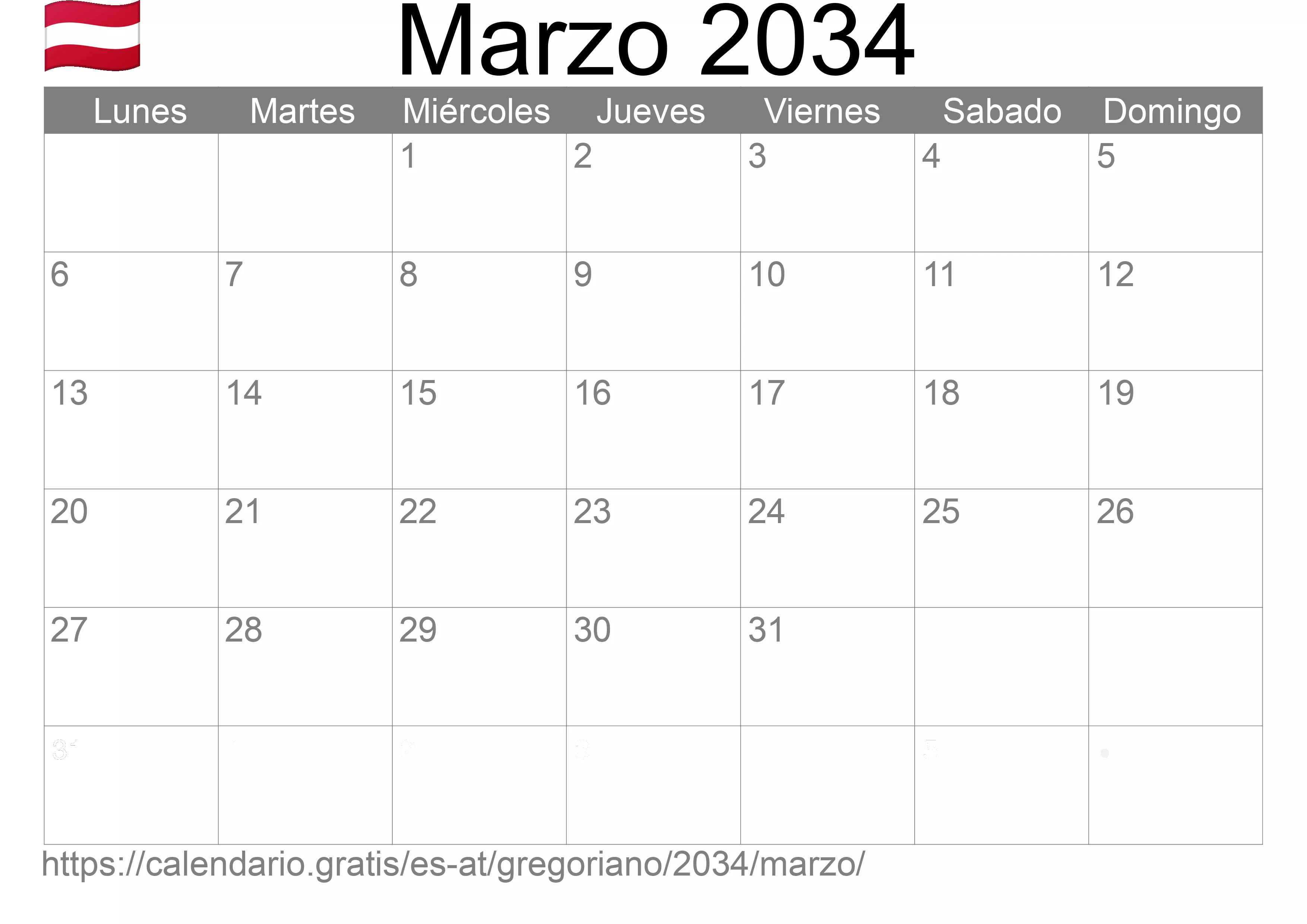 Calendario Marzo 2034 para imprimir (Austria)