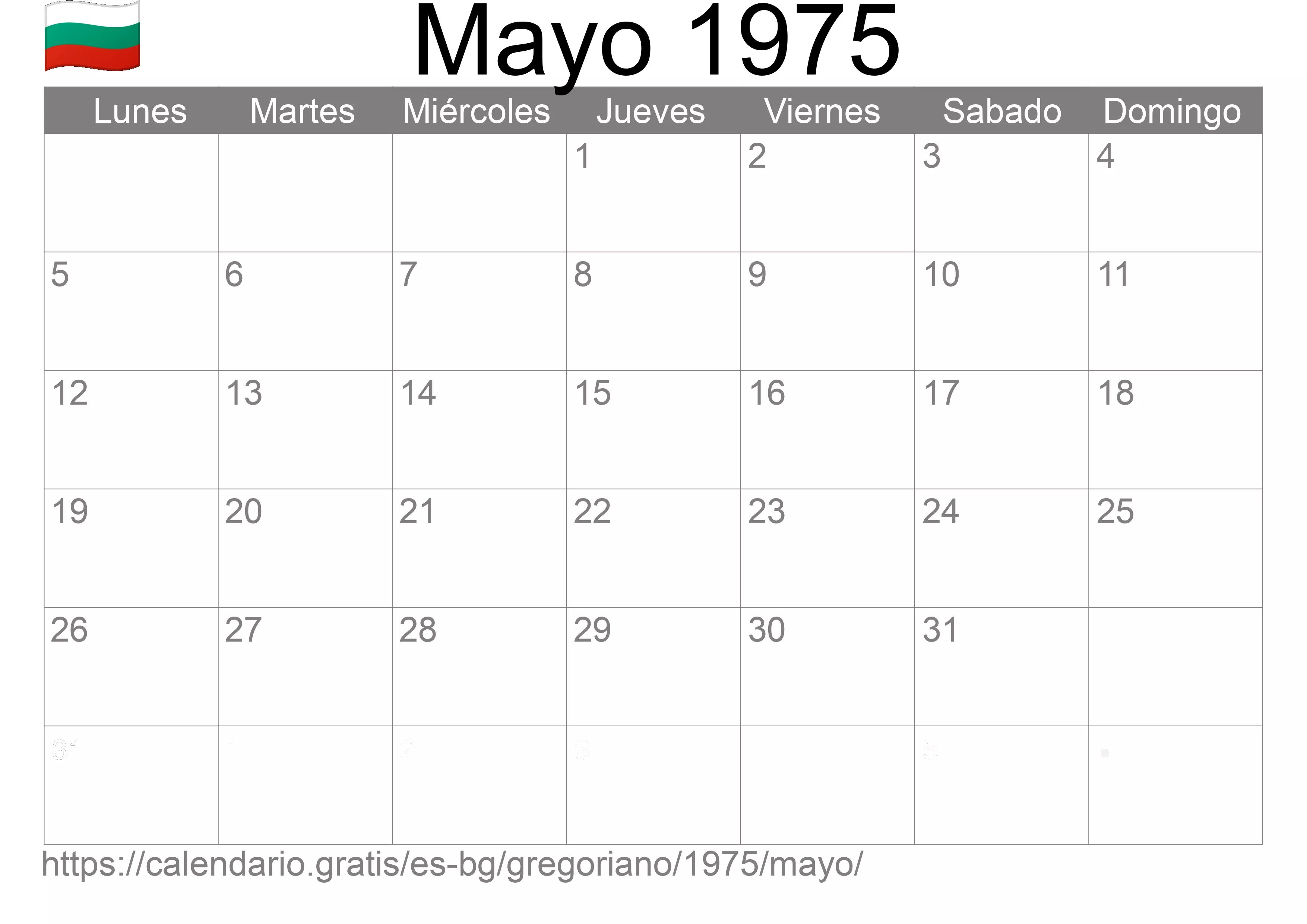 Calendario Mayo 1975 para imprimir (Bulgaria)