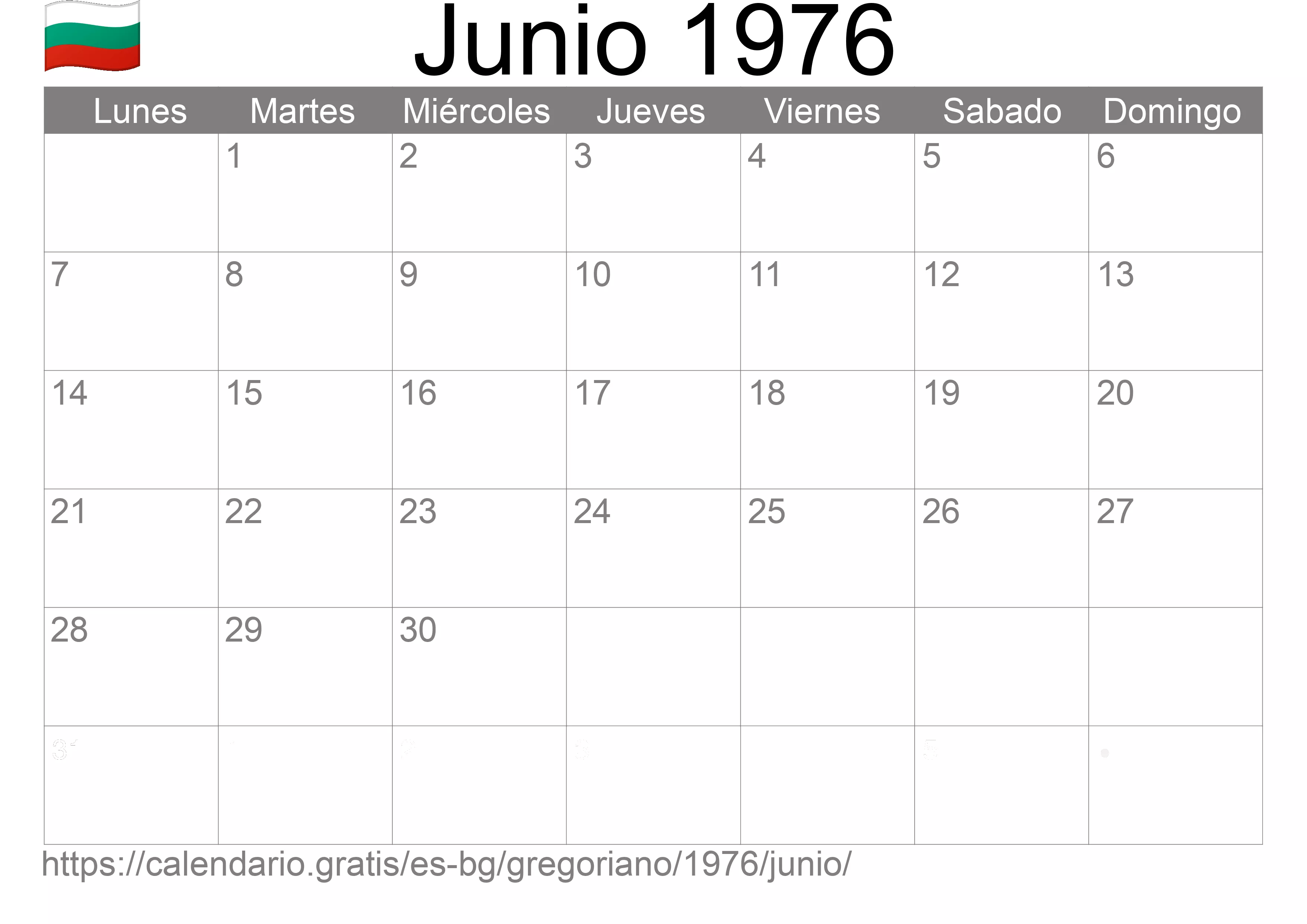 Calendario Junio 1976 para imprimir (Bulgaria)