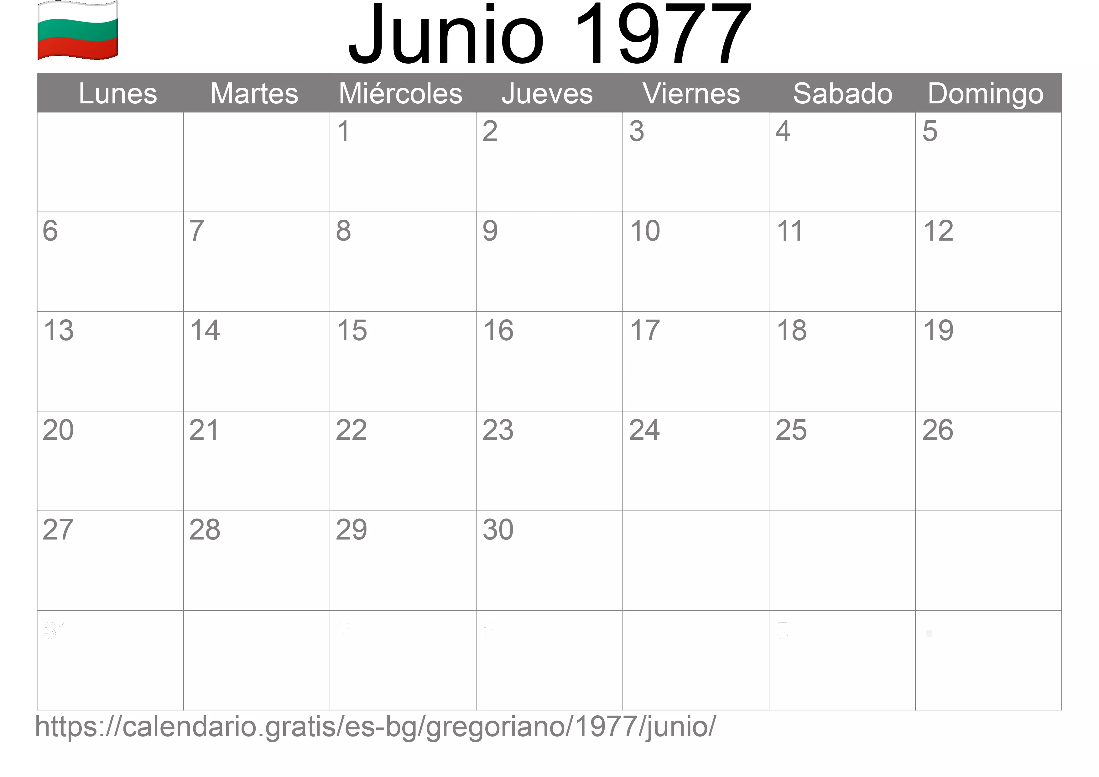 Calendario Junio 1977 para imprimir (Bulgaria)