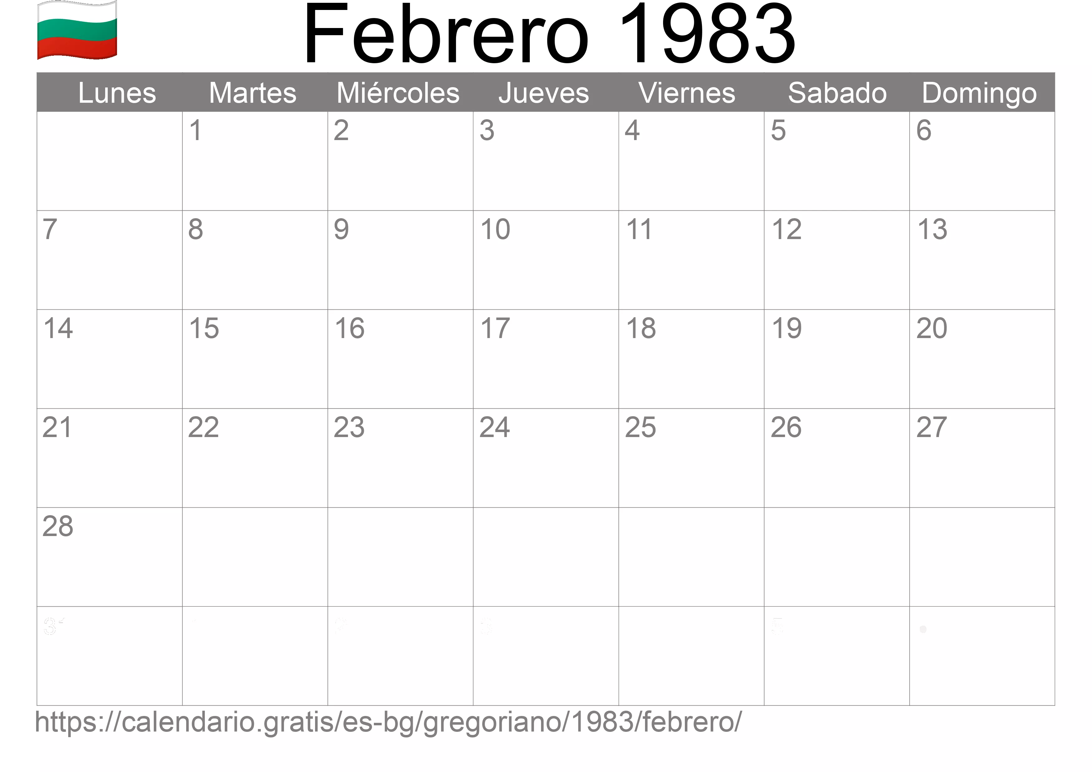 Calendario Febrero 1983 para imprimir (Bulgaria)