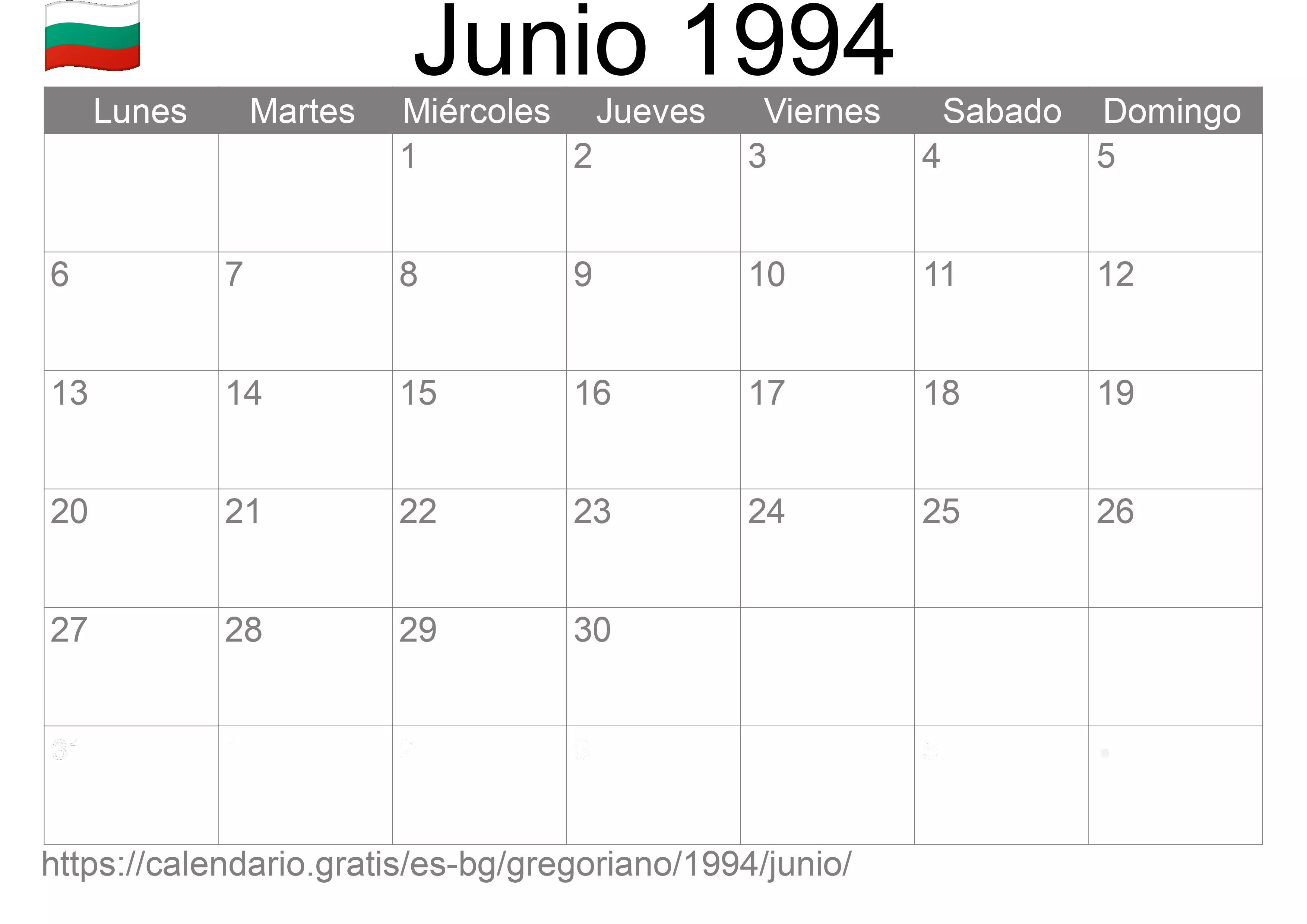 Calendario Junio 1994 para imprimir (Bulgaria)