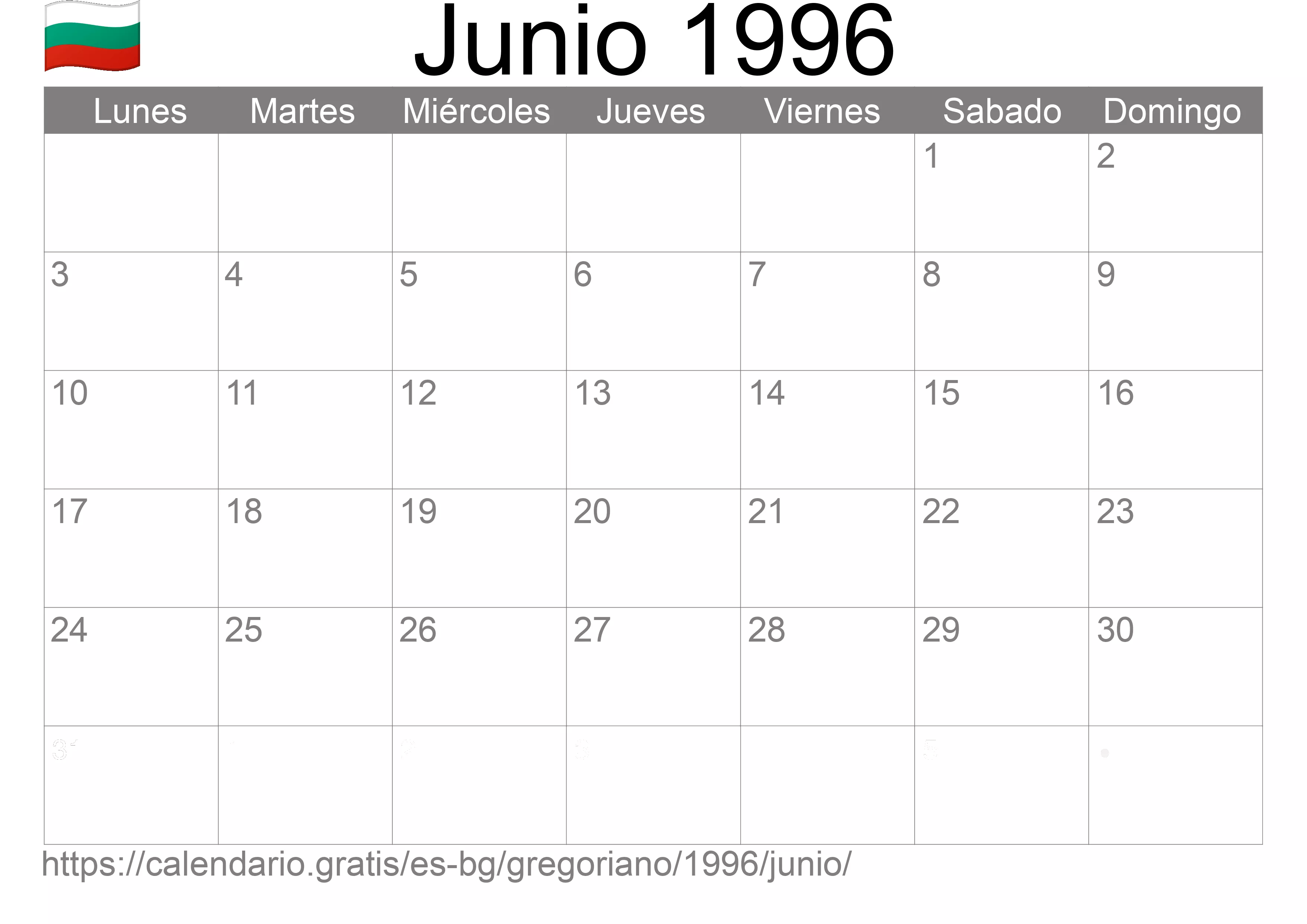 Calendario Junio 1996 para imprimir (Bulgaria)