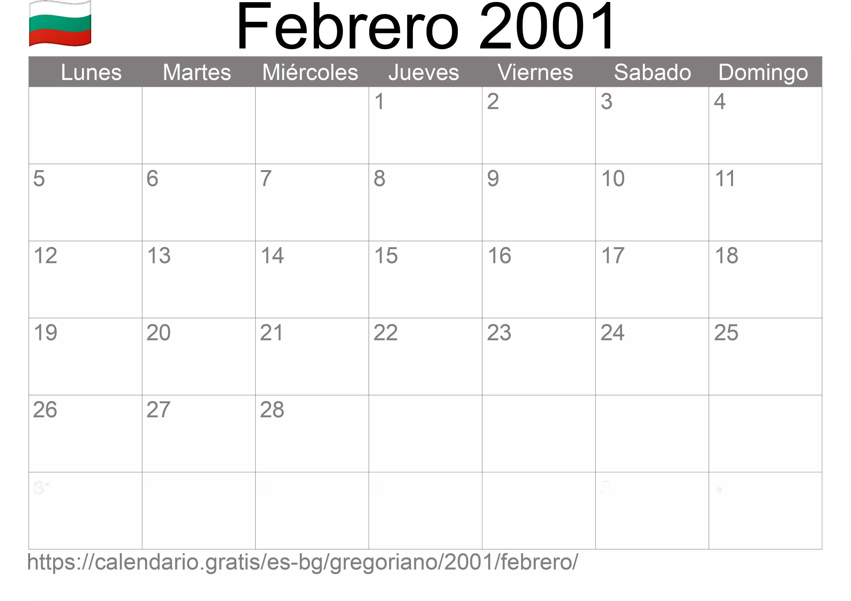Calendario Febrero 2001 para imprimir (Bulgaria)