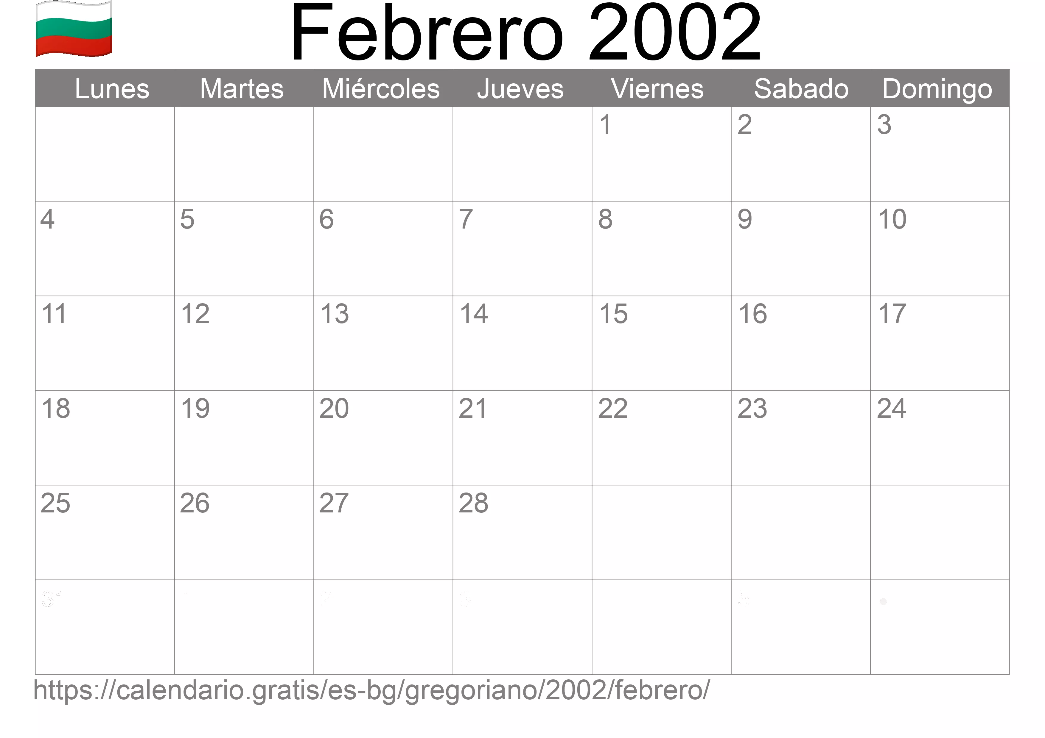 Calendario Febrero 2002 para imprimir (Bulgaria)