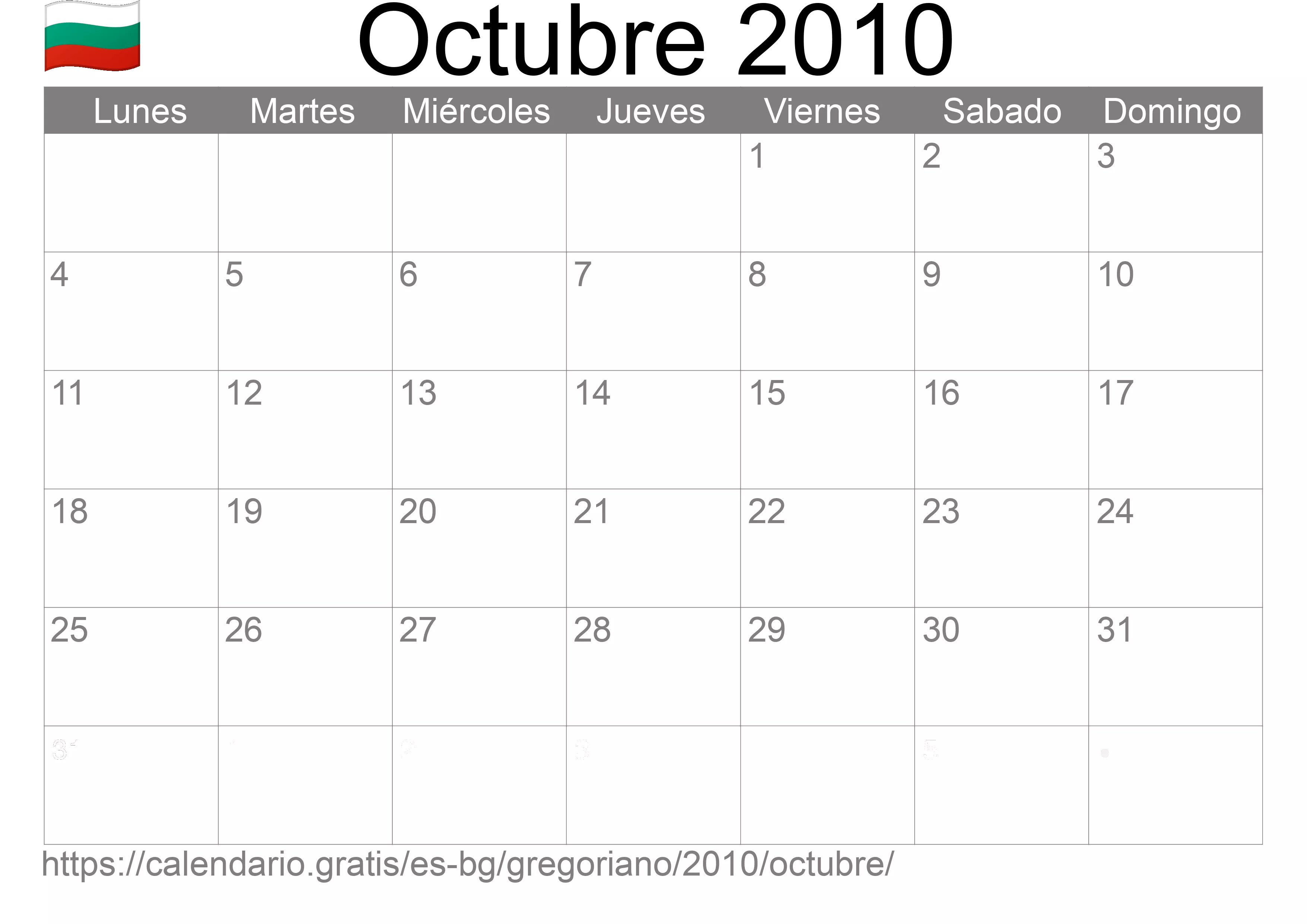 Calendario Octubre 2010 para imprimir (Bulgaria)