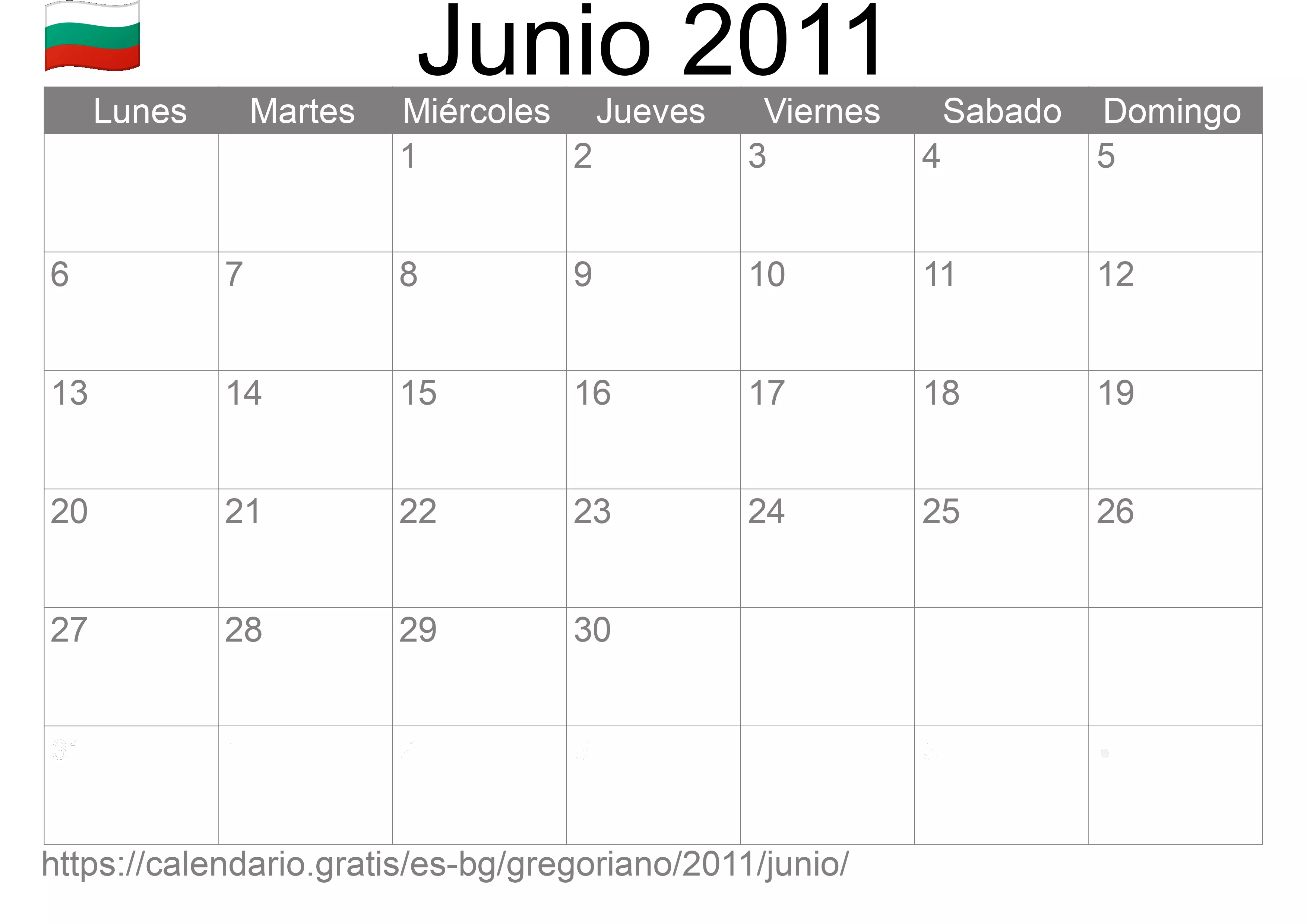 Calendario Junio 2011 para imprimir (Bulgaria)