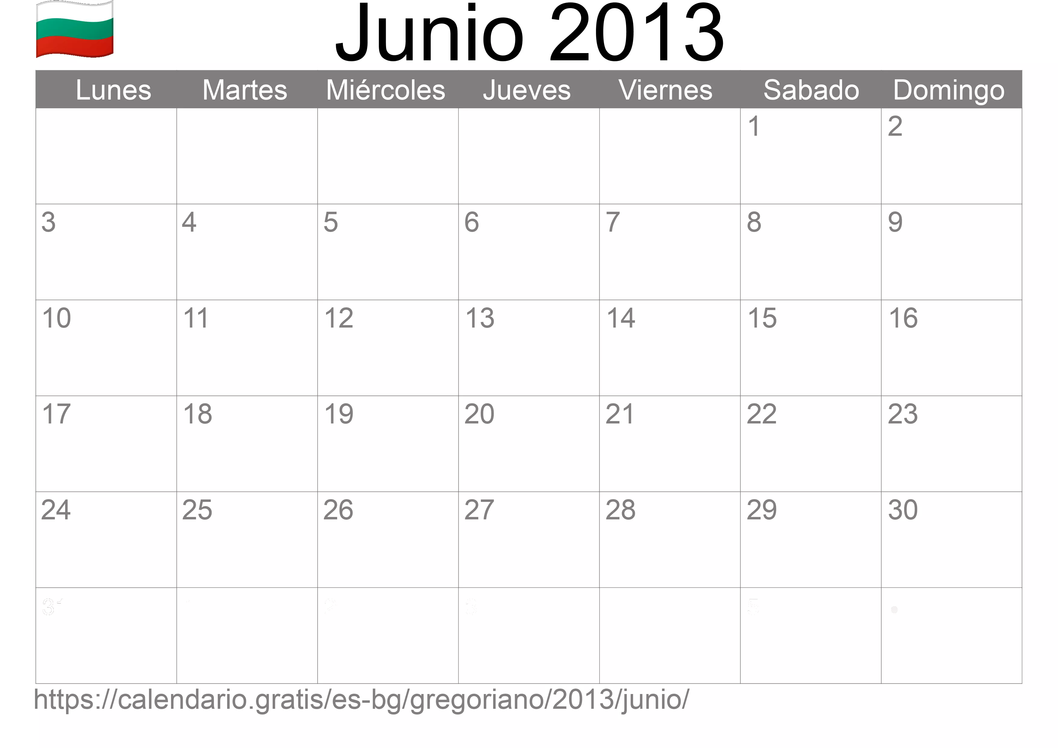 Calendario Junio 2013 para imprimir (Bulgaria)