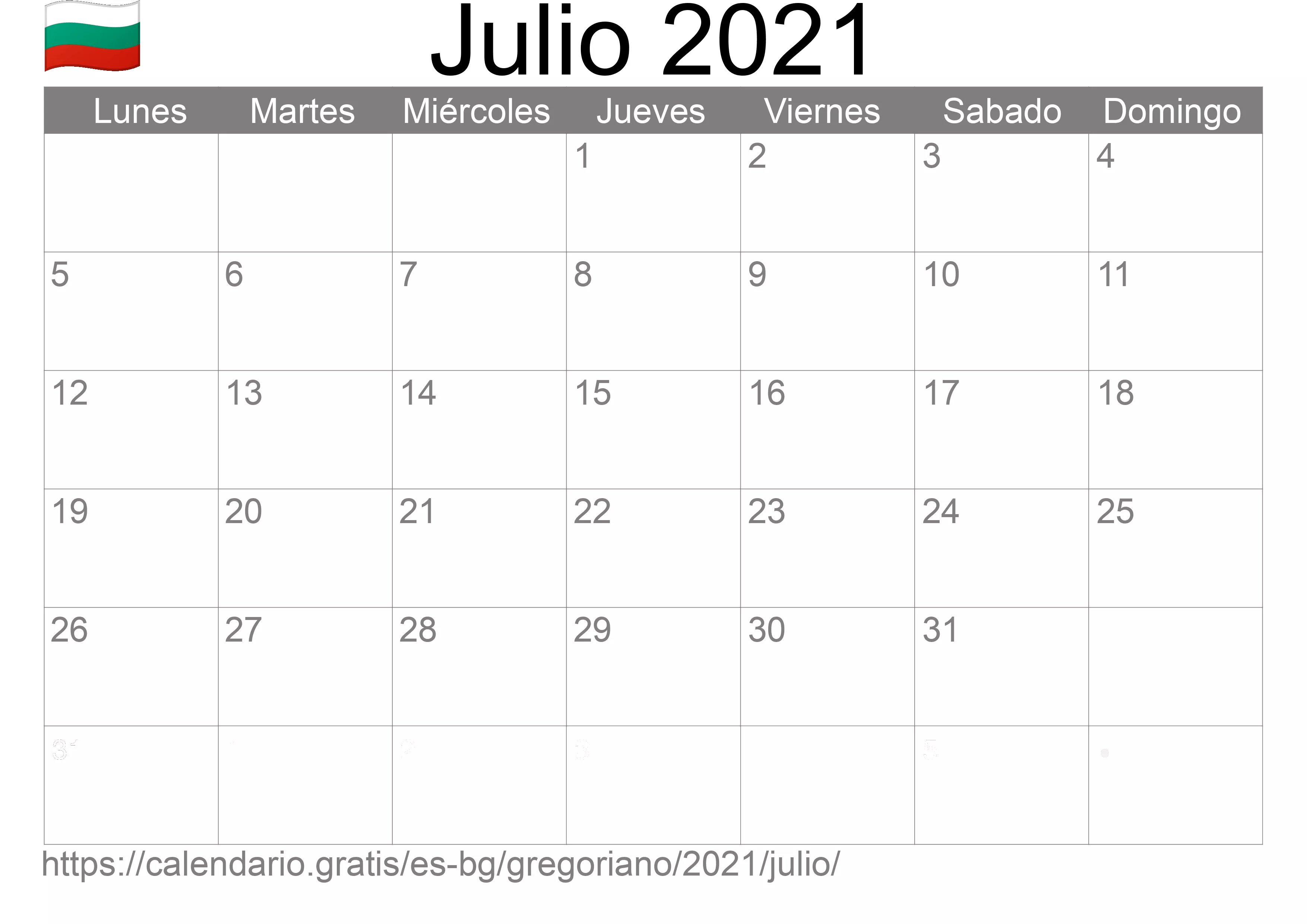Calendario Julio 2021 para imprimir (Bulgaria)