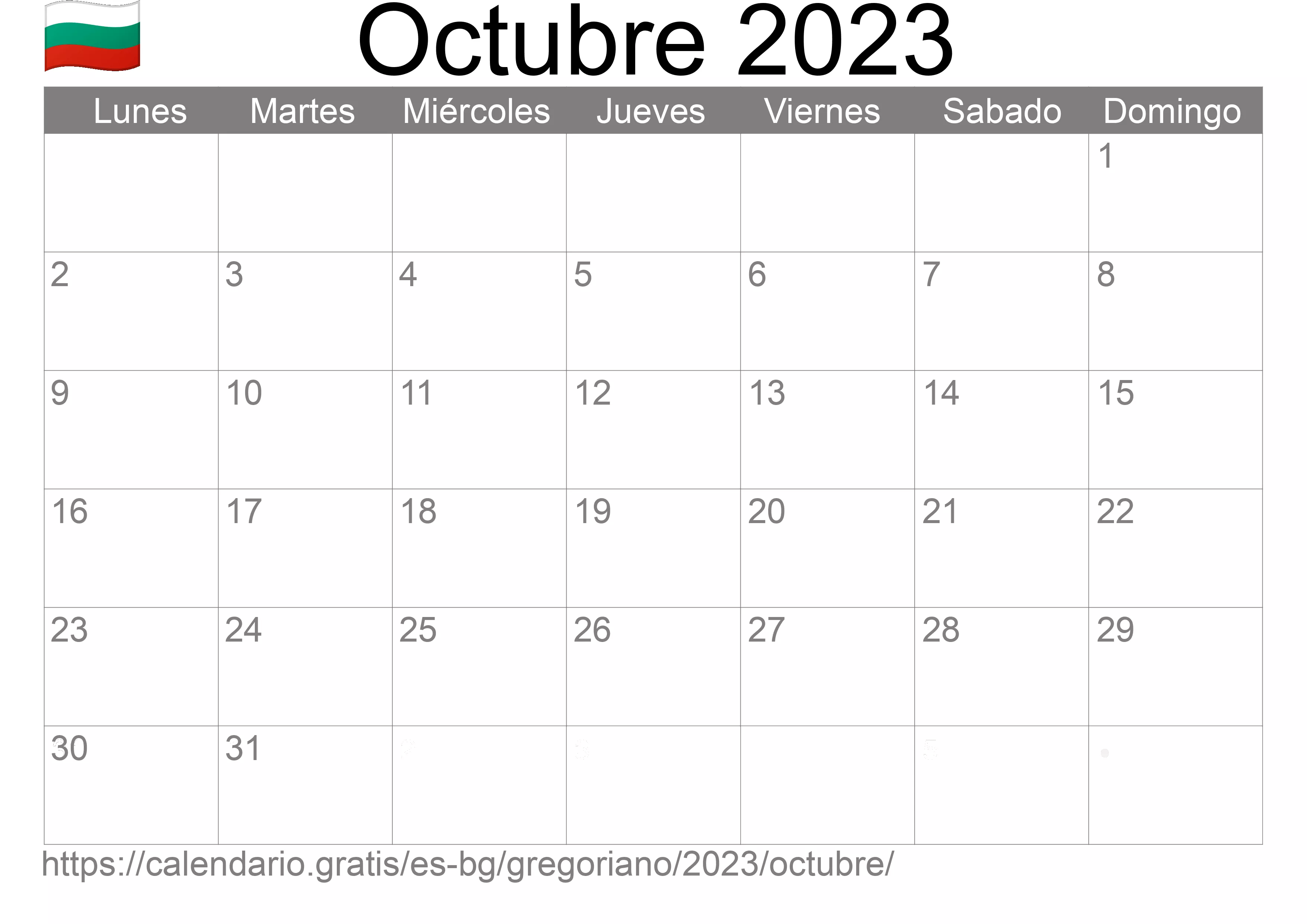 Calendario Octubre 2023 para imprimir (Bulgaria)