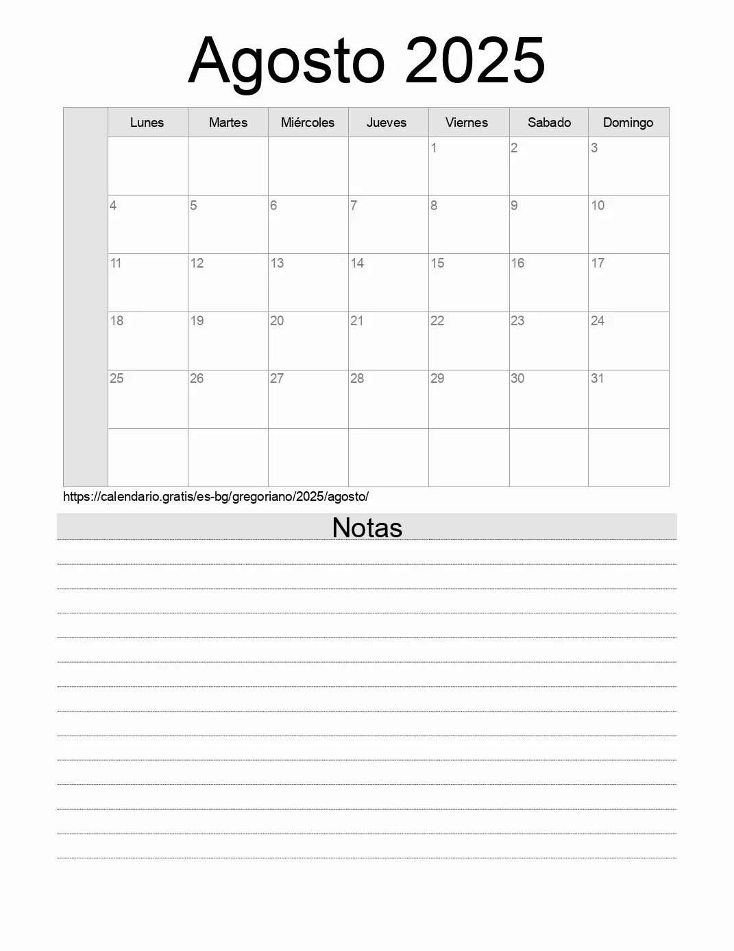 Calendario Agosto 2025 para imprimir con notas. (Bulgaria)