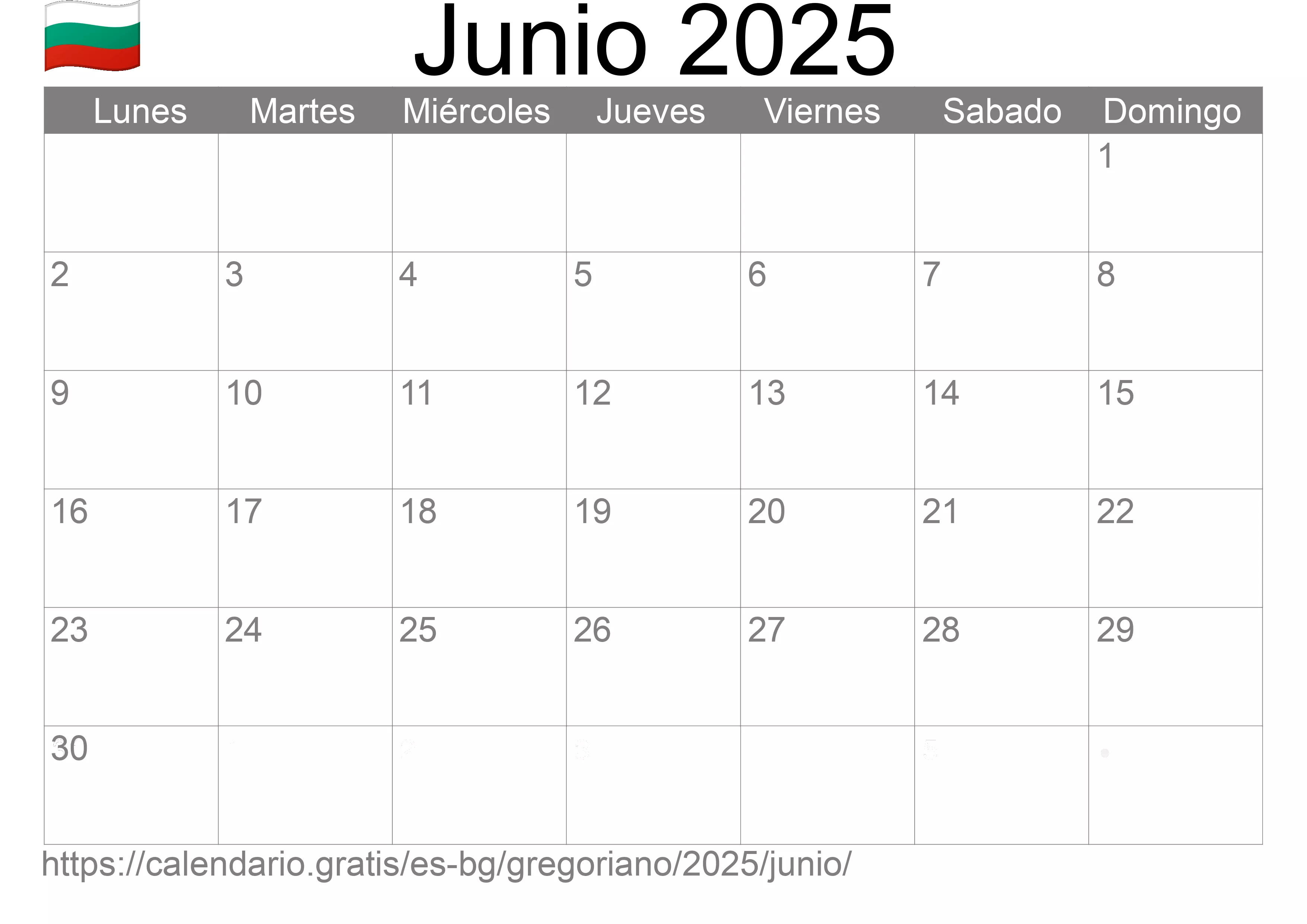 Calendario Junio 2025 para imprimir (Bulgaria)