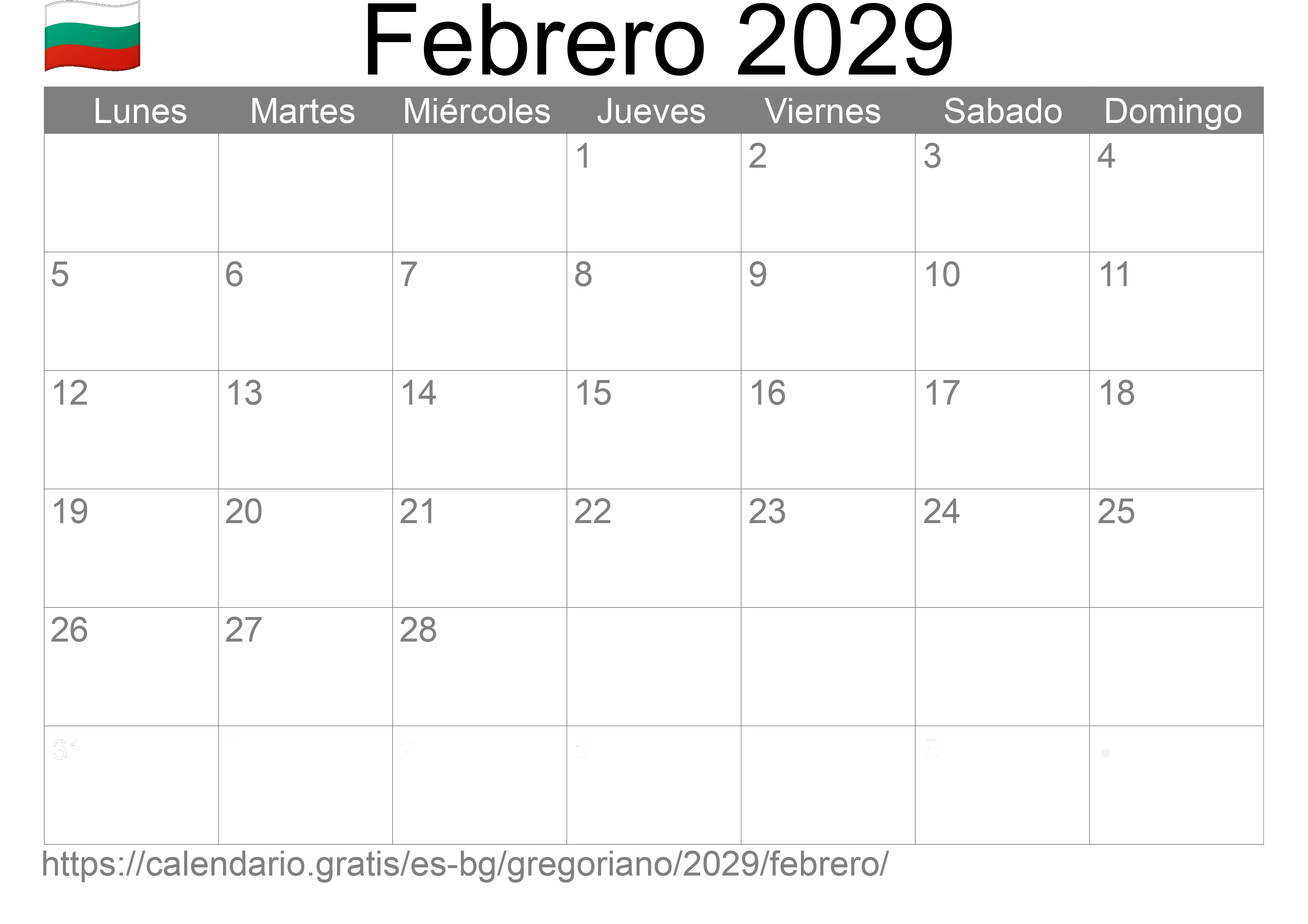 Calendario Febrero 2029 para imprimir (Bulgaria)