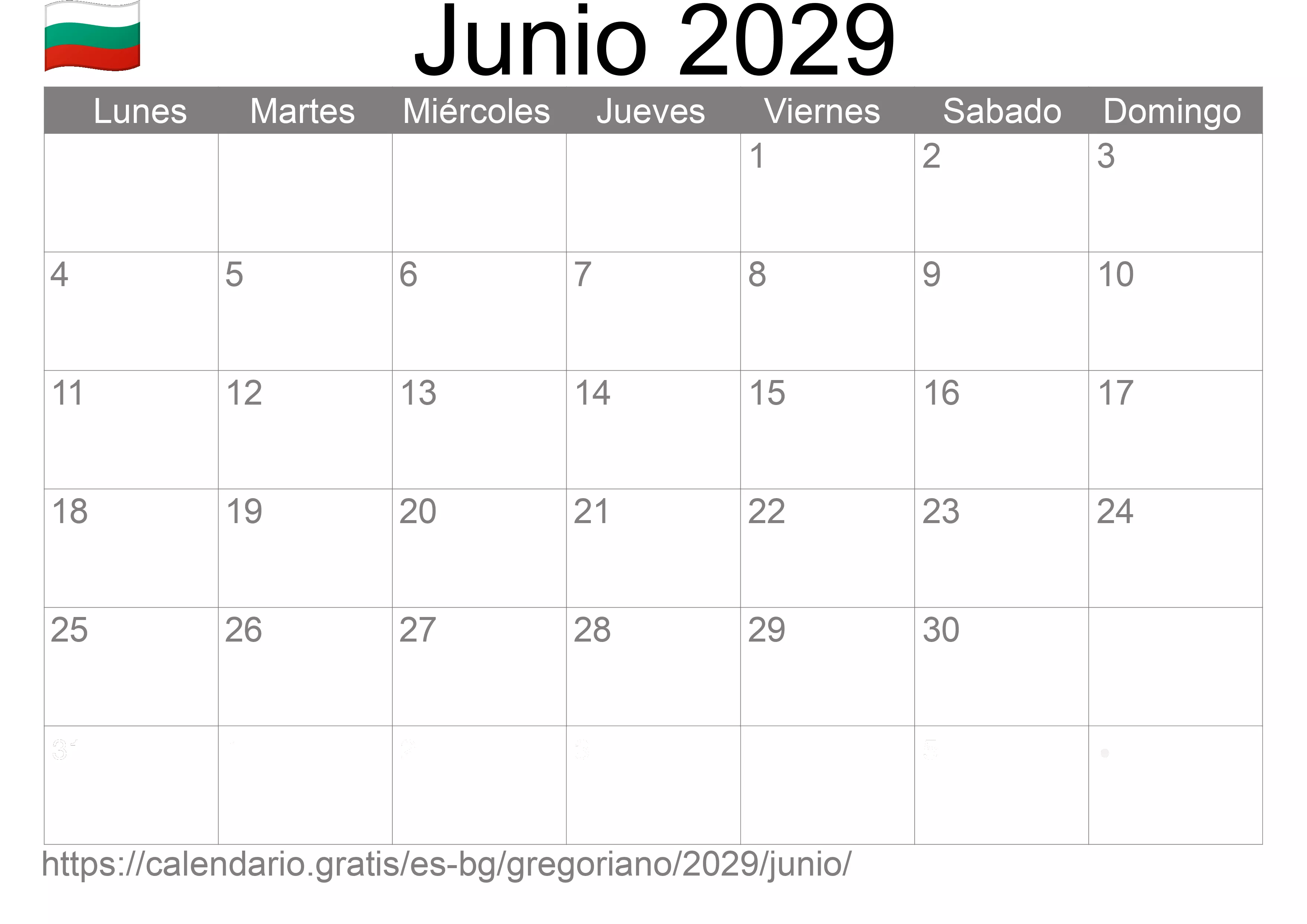 Calendario Junio 2029 para imprimir (Bulgaria)