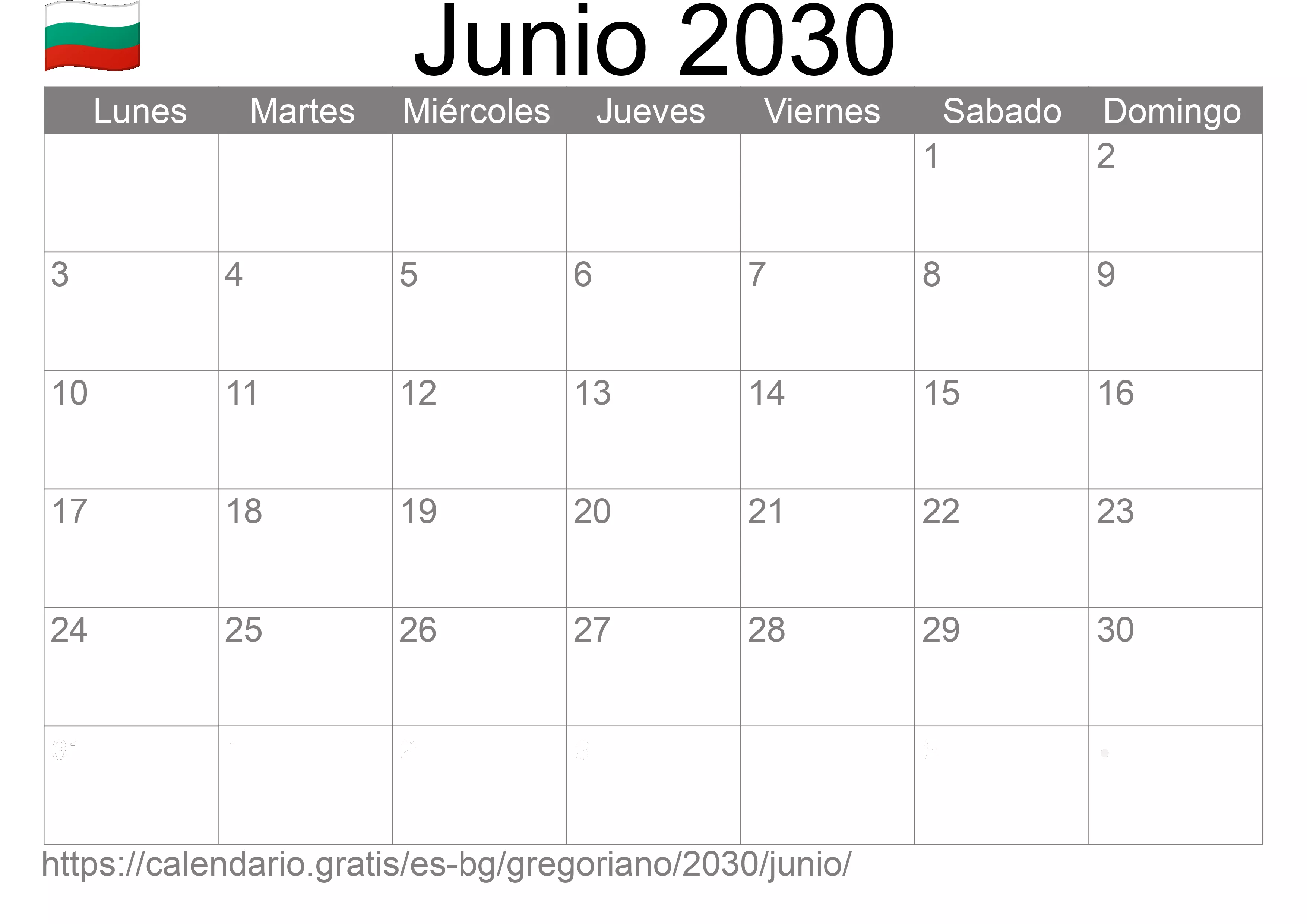 Calendario Junio 2030 para imprimir (Bulgaria)