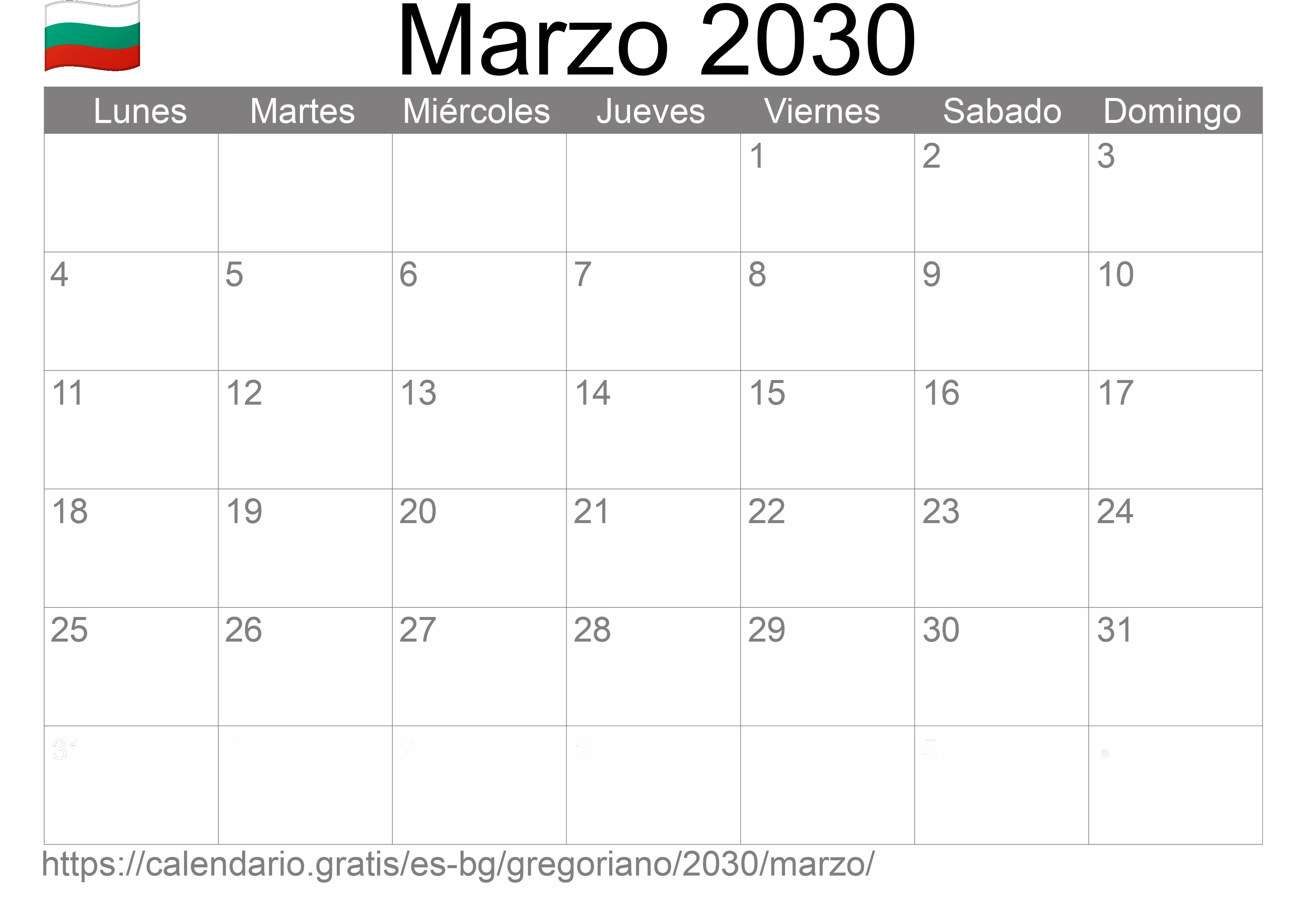 Calendario Marzo 2030 para imprimir (Bulgaria) Calendario Marzo 2030 para imprimir (Bulgaria)