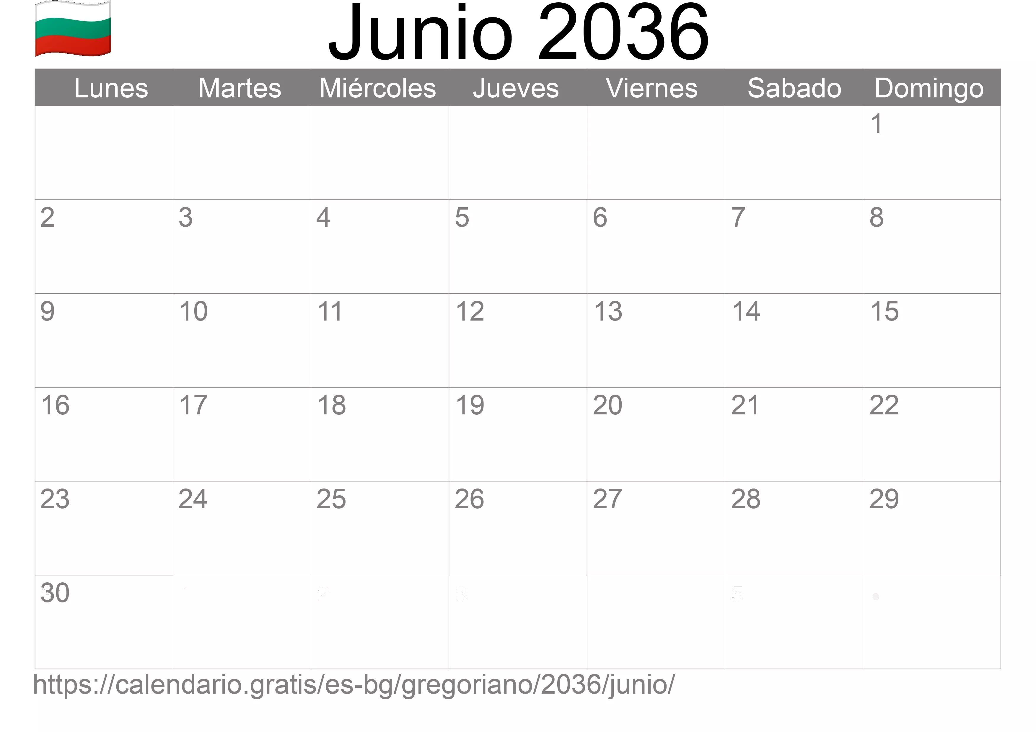 Calendario Junio 2036 para imprimir (Bulgaria)