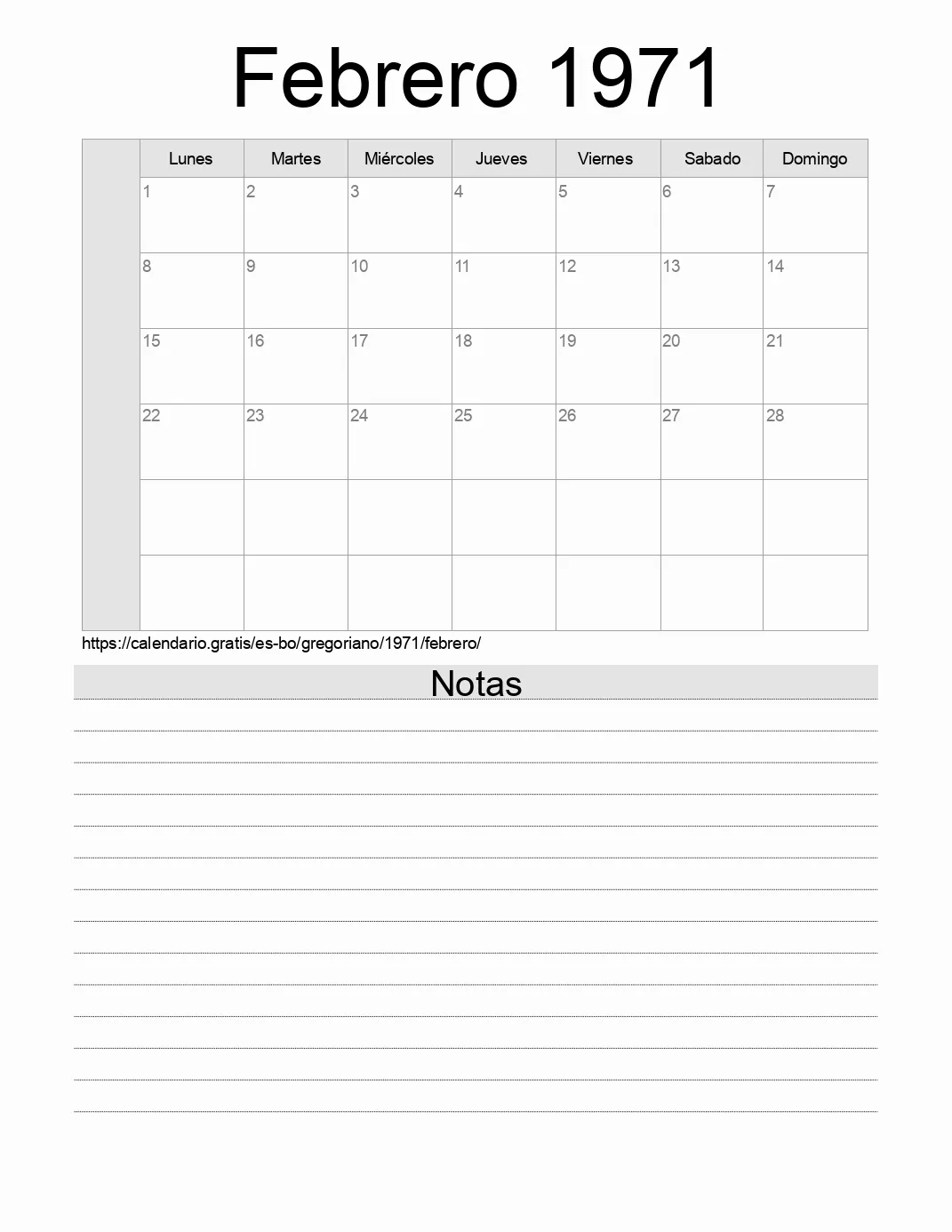 Calendario Febrero 1971 para imprimir con notas. (Bolivia)