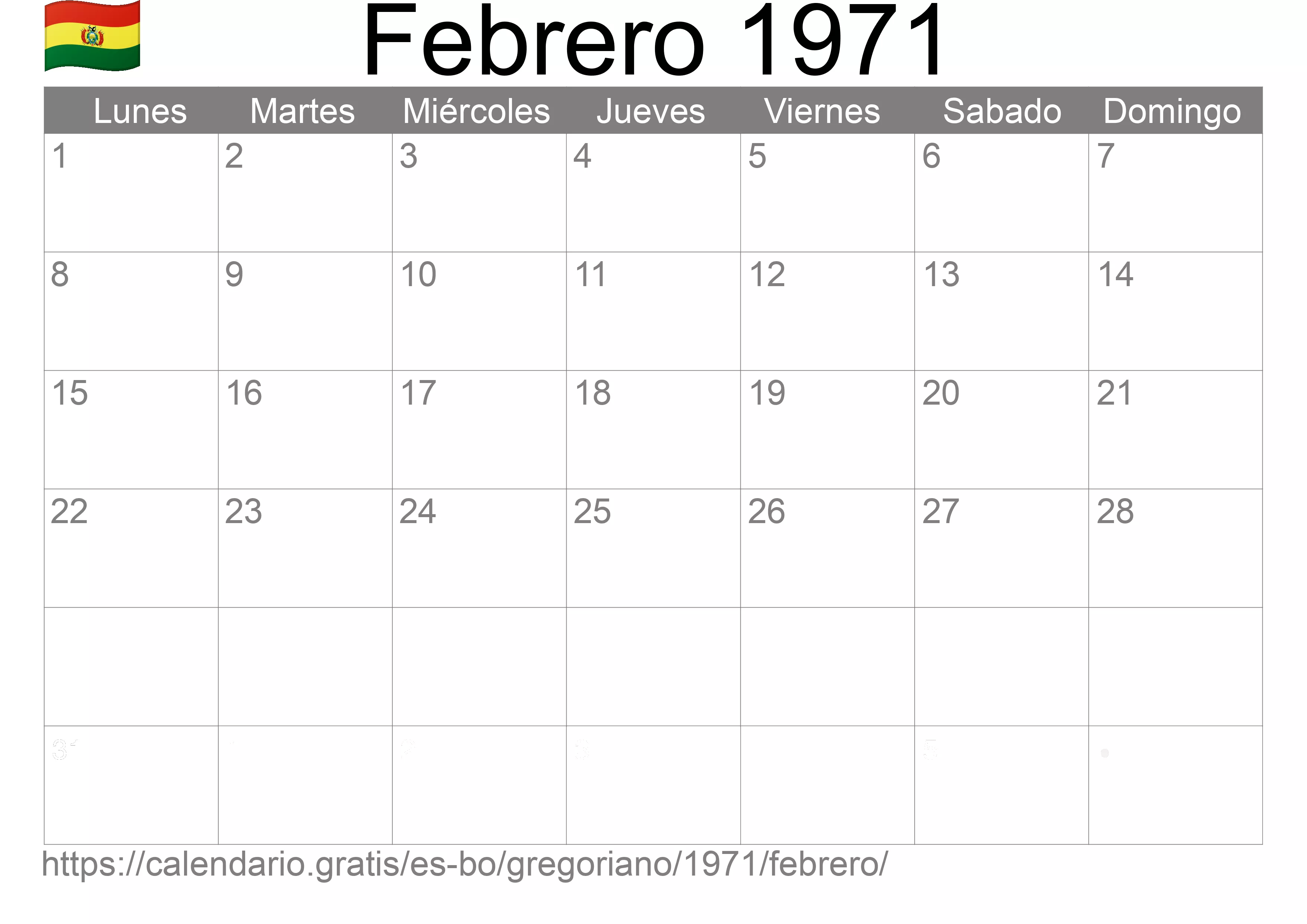 Calendario Febrero 1971 para imprimir (Bolivia)