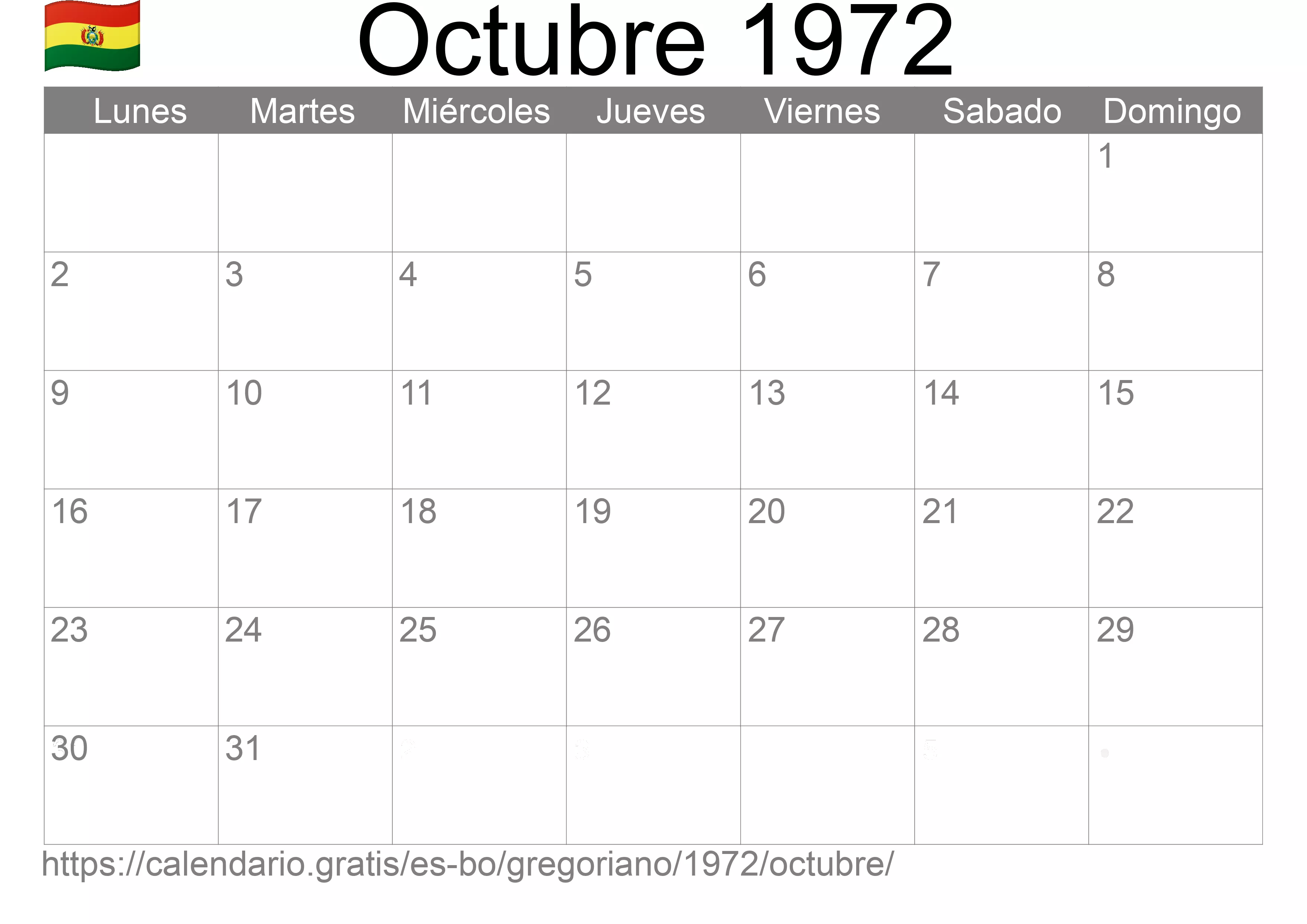 Calendario Octubre 1972 para imprimir (Bolivia)
