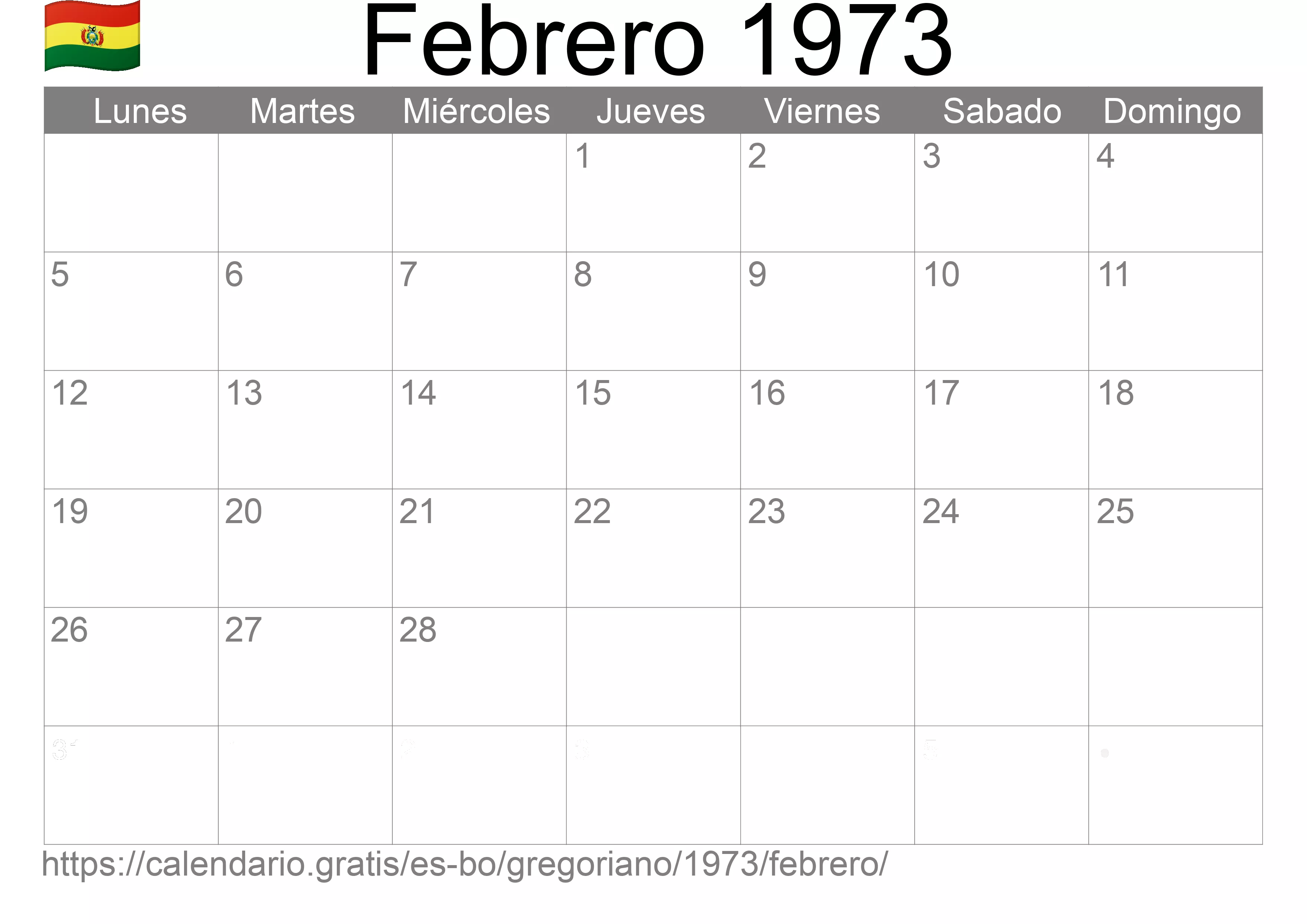 Calendario Febrero 1973 para imprimir (Bolivia)