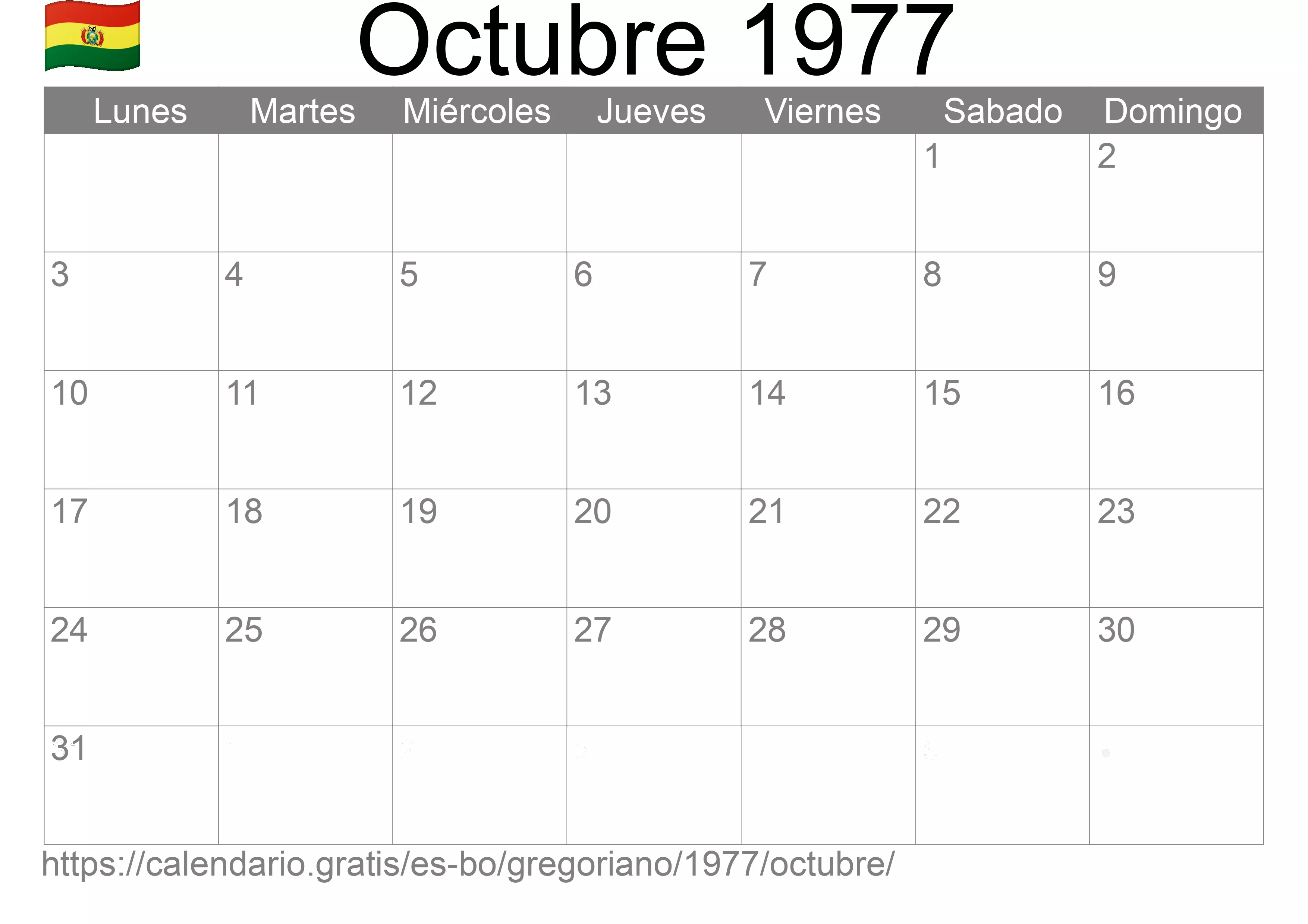 Calendario Octubre 1977 para imprimir (Bolivia)