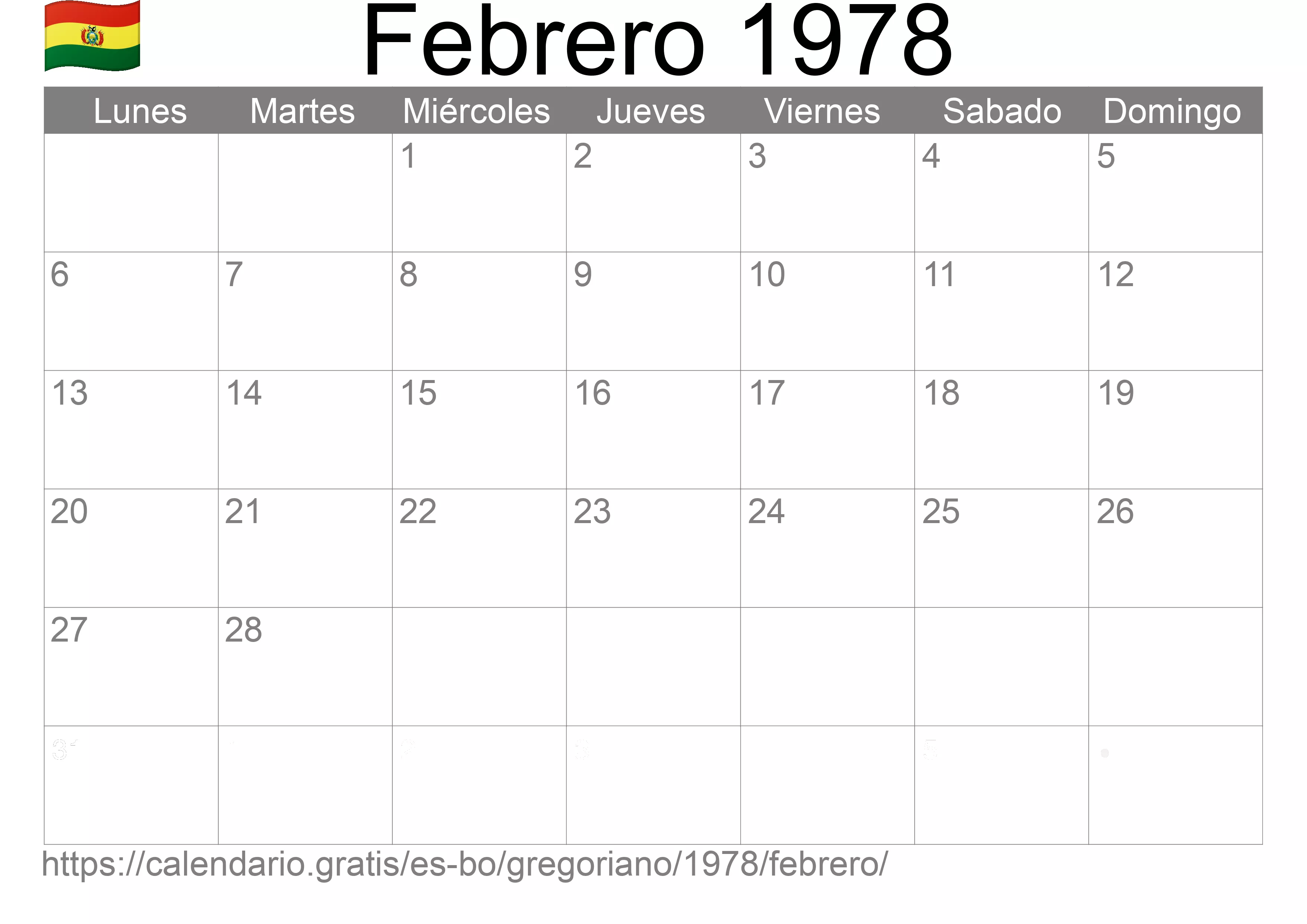 Calendario Febrero 1978 para imprimir (Bolivia)