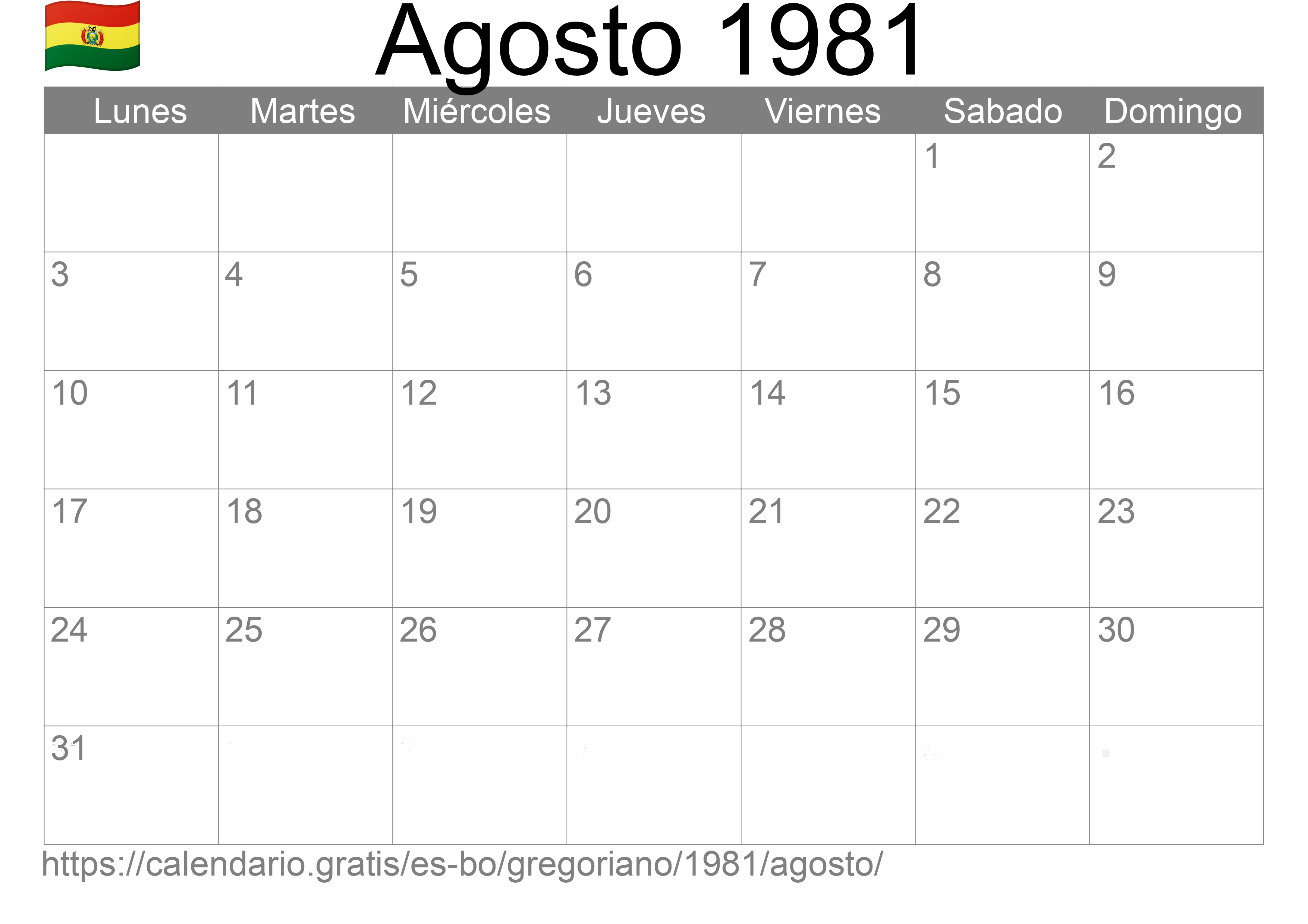 Calendario Agosto 1981 para imprimir