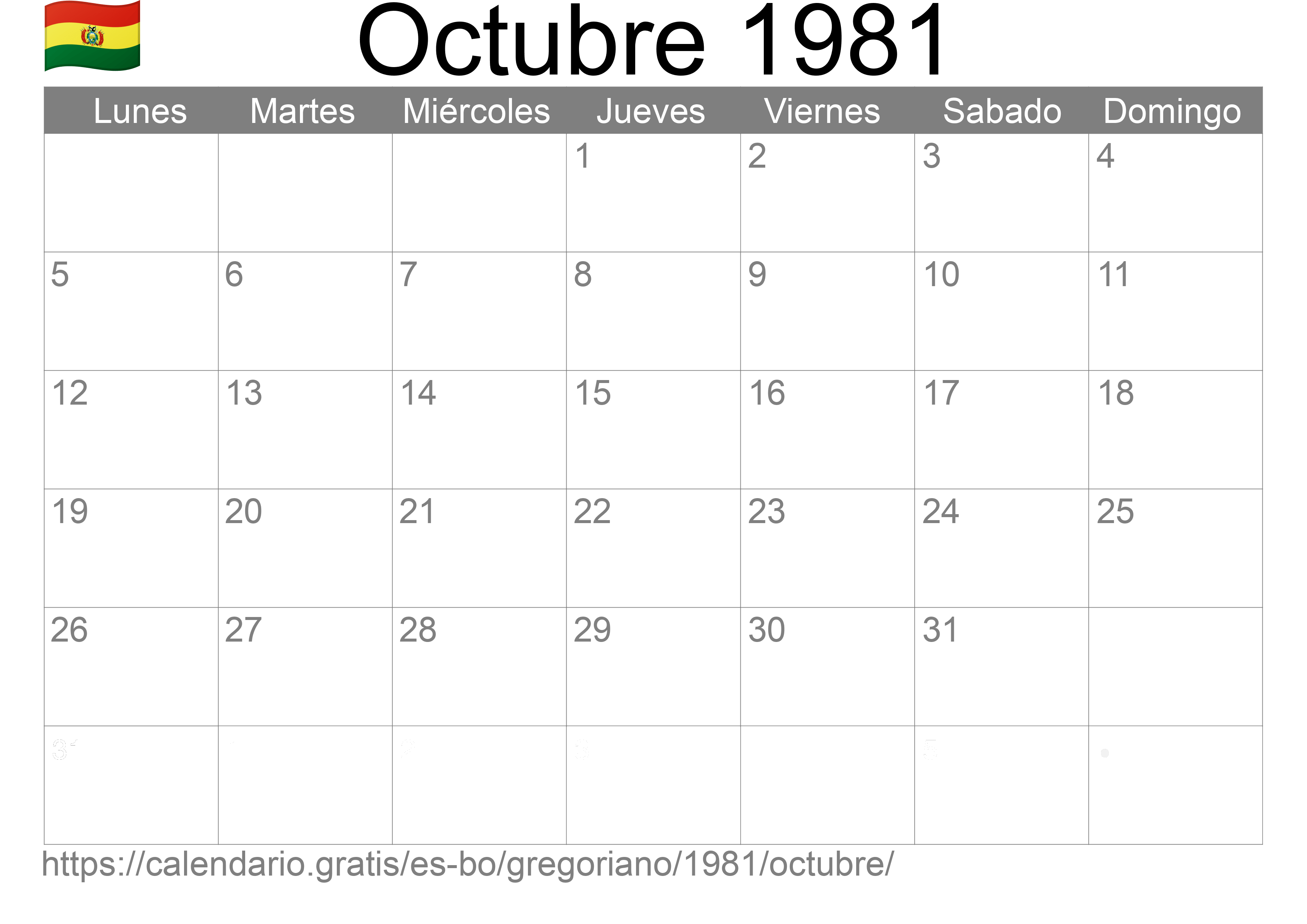 Calendario Octubre 1981 para imprimir