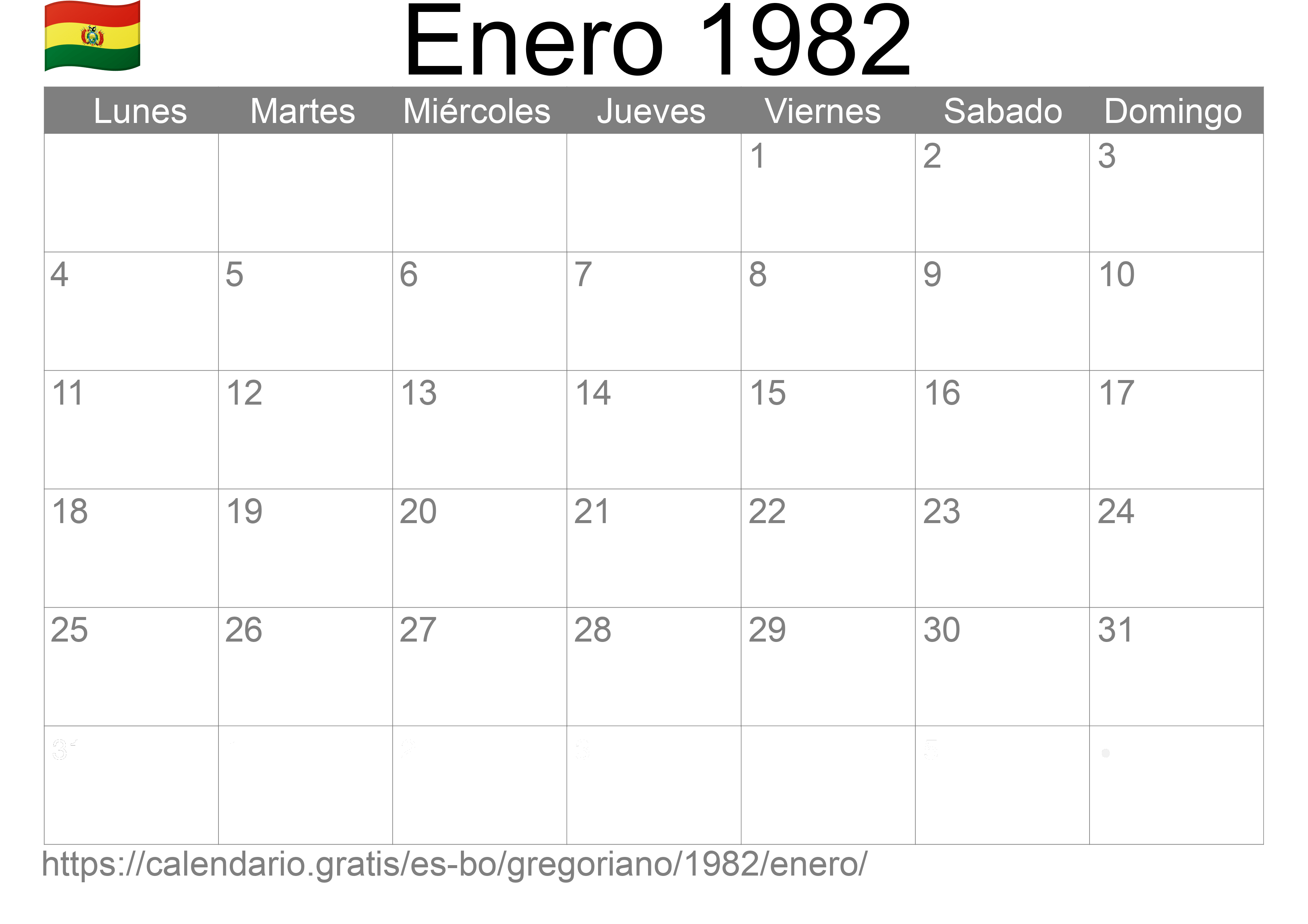 Calendario Enero 1982 para imprimir