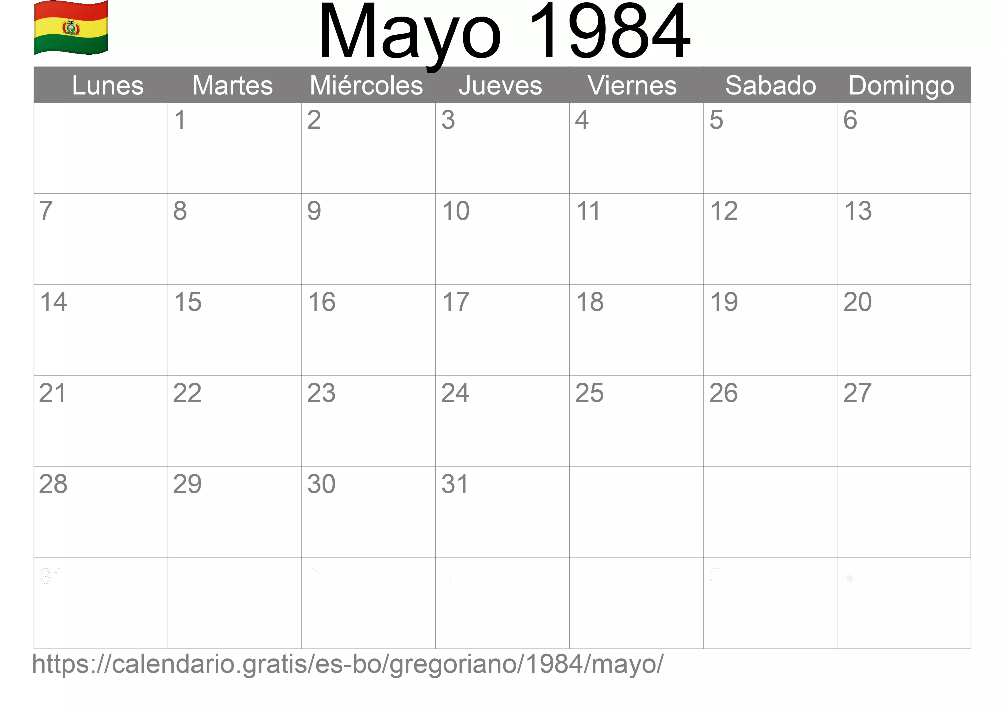 Calendario Mayo 1984 para imprimir (Bolivia)