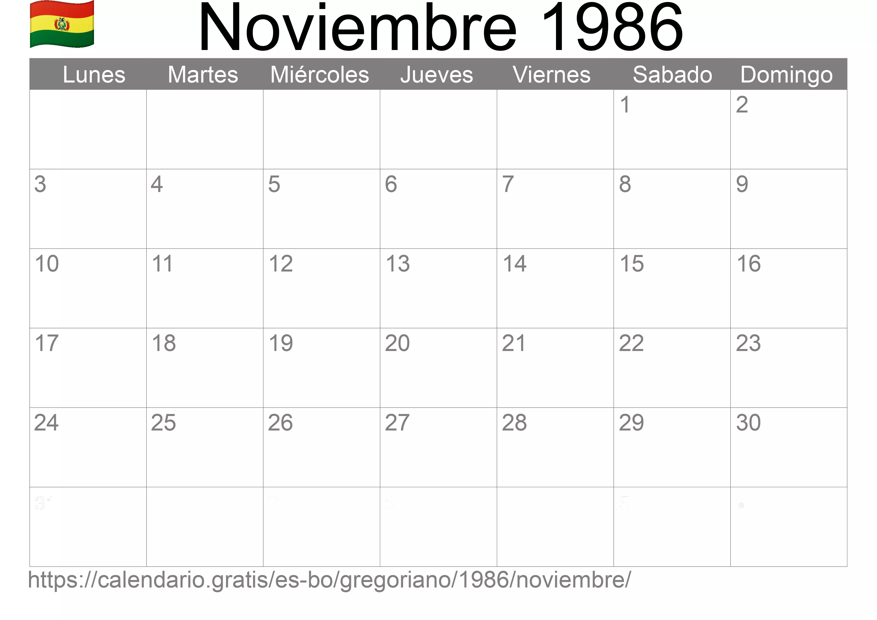 Calendario Noviembre 1986 para imprimir (Bolivia)