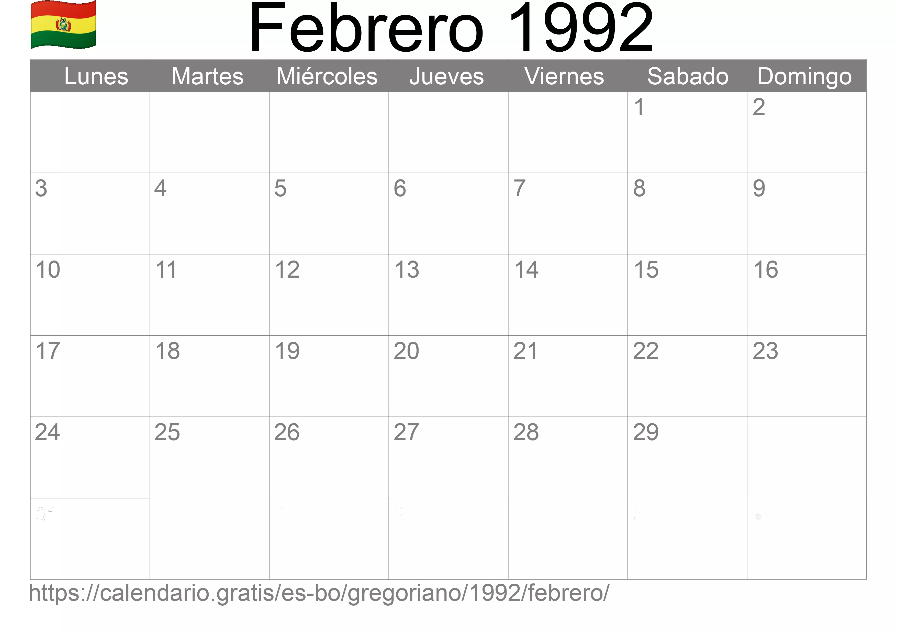 Calendario Febrero 1992 para imprimir (Bolivia)
