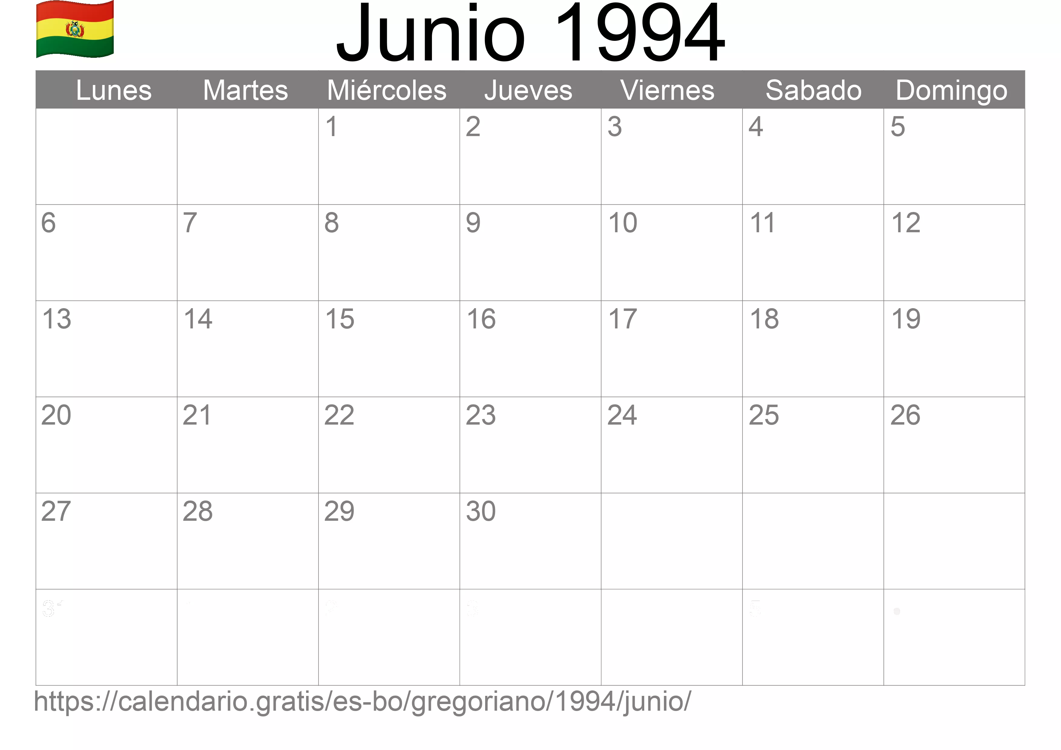 Calendario Junio 1994 para imprimir (Bolivia)