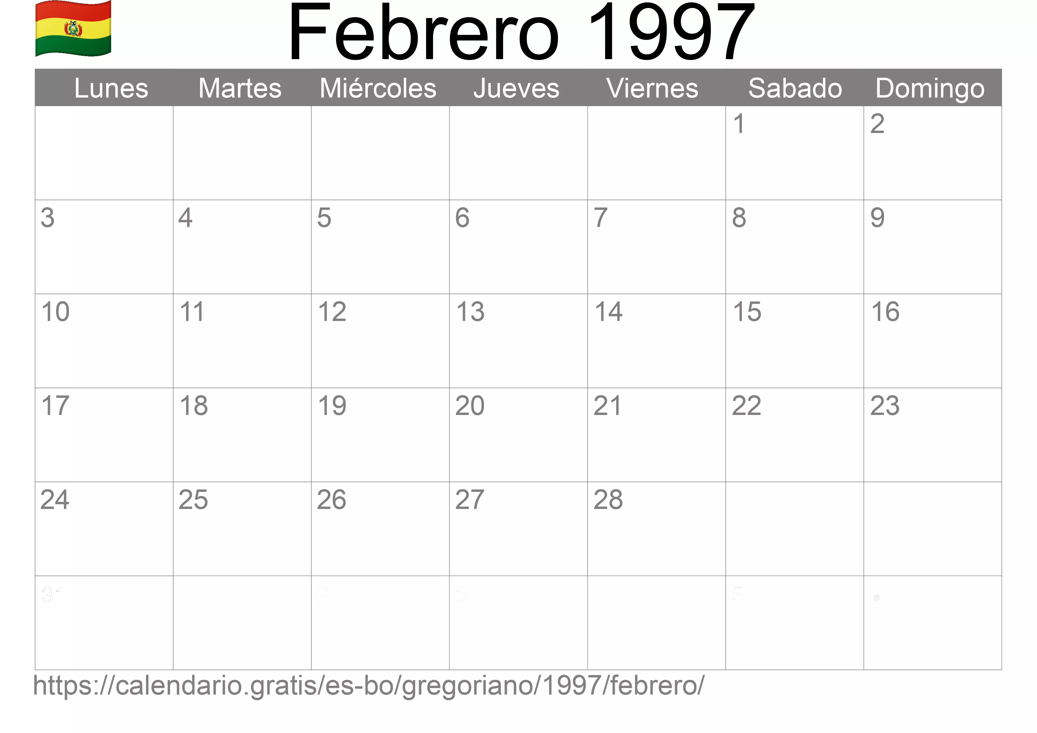 Calendario Febrero 1997 para imprimir (Bolivia)