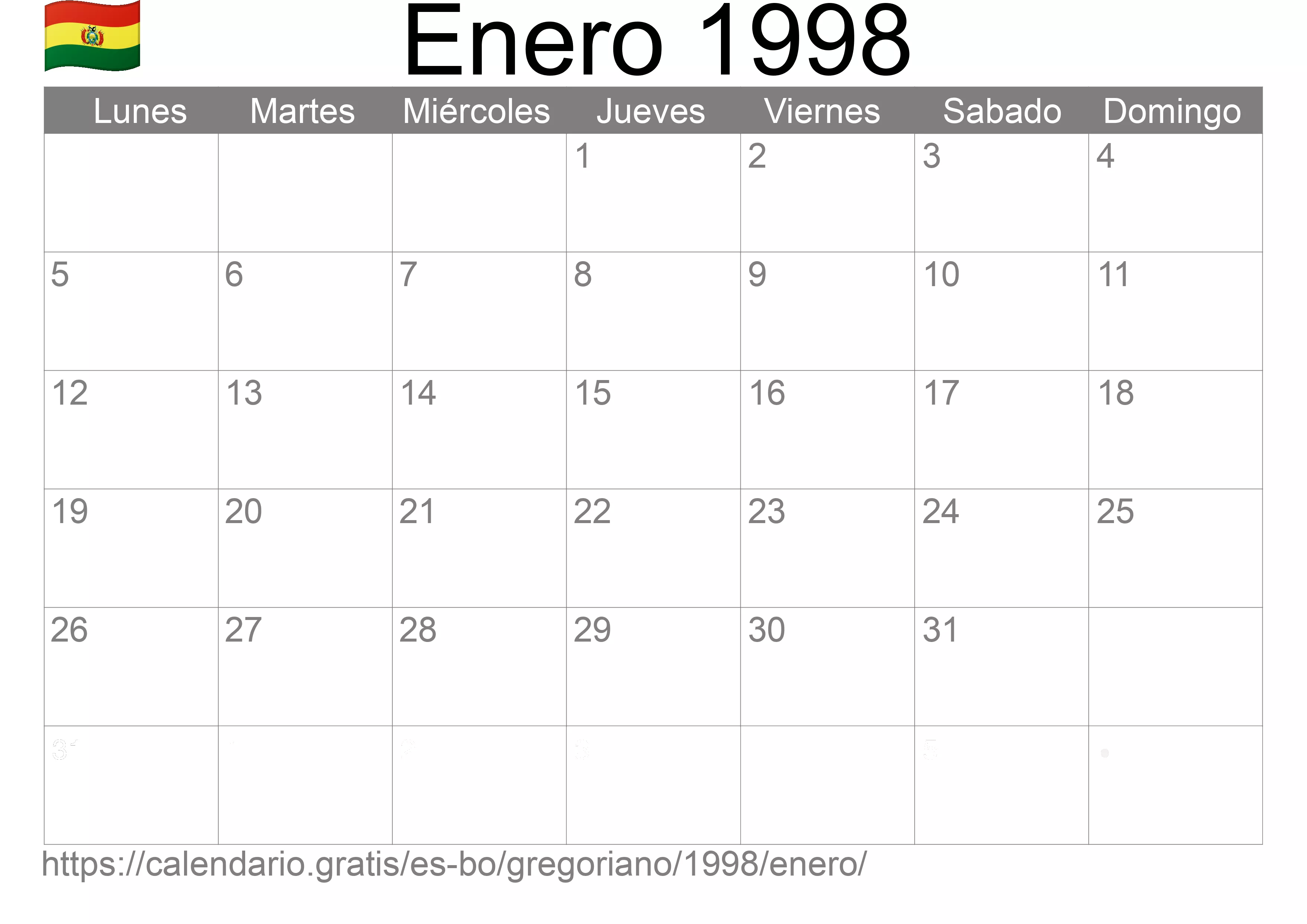 Calendario Enero 1998 para imprimir (Bolivia)