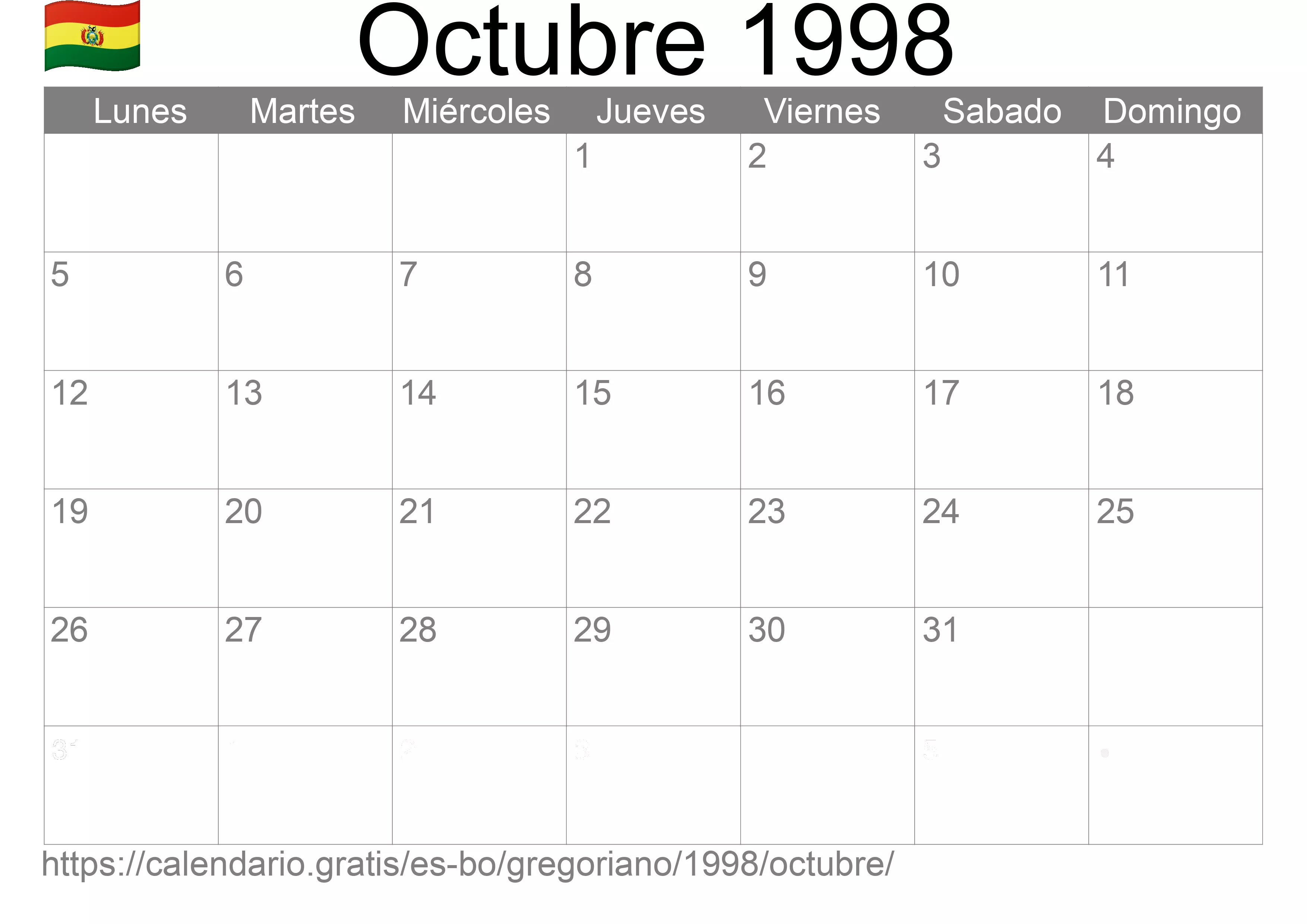 Calendario Octubre 1998 para imprimir (Bolivia) Calendario Octubre 1998 para imprimir (Bolivia)