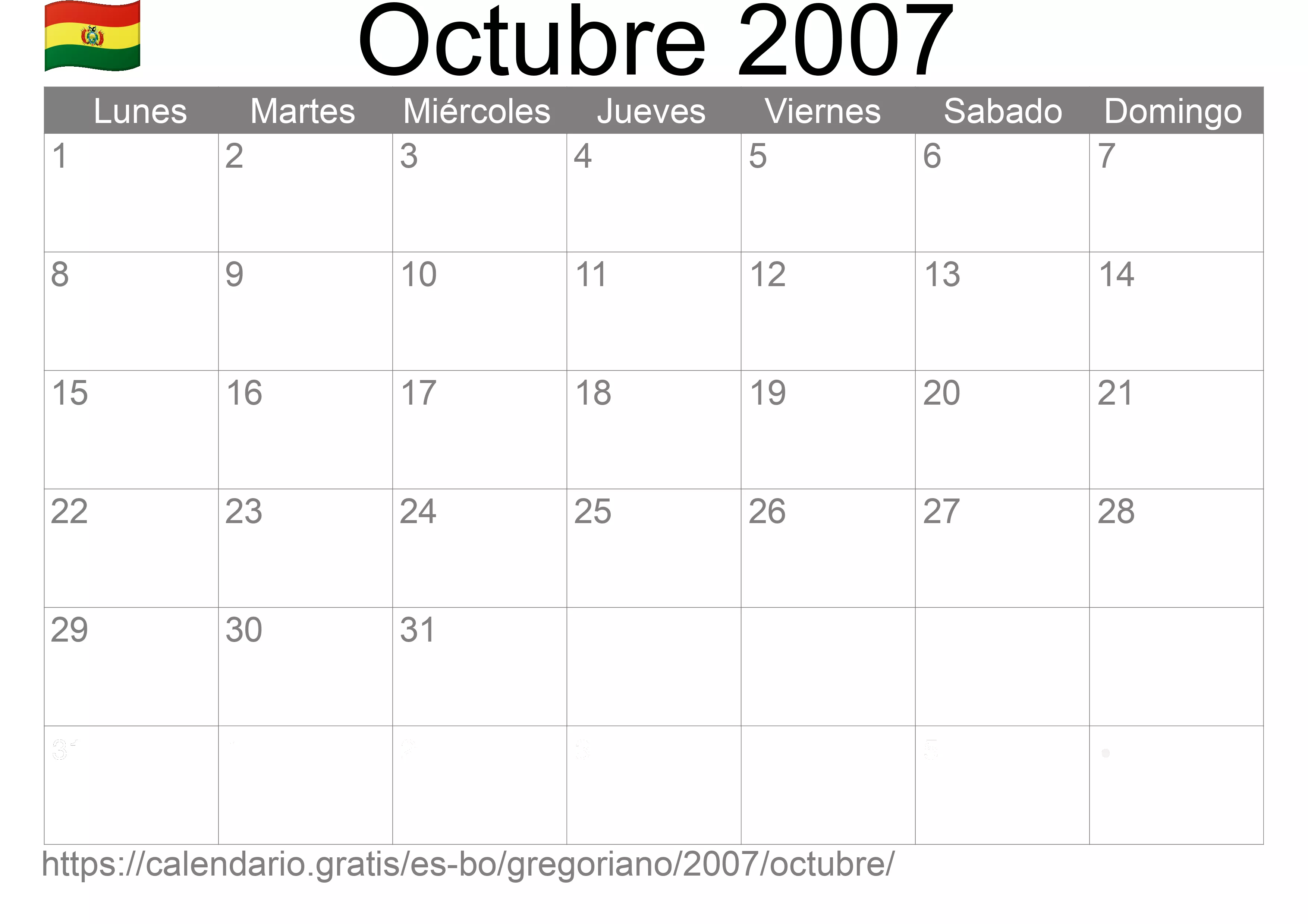Calendario Octubre 2007 para imprimir (Bolivia)