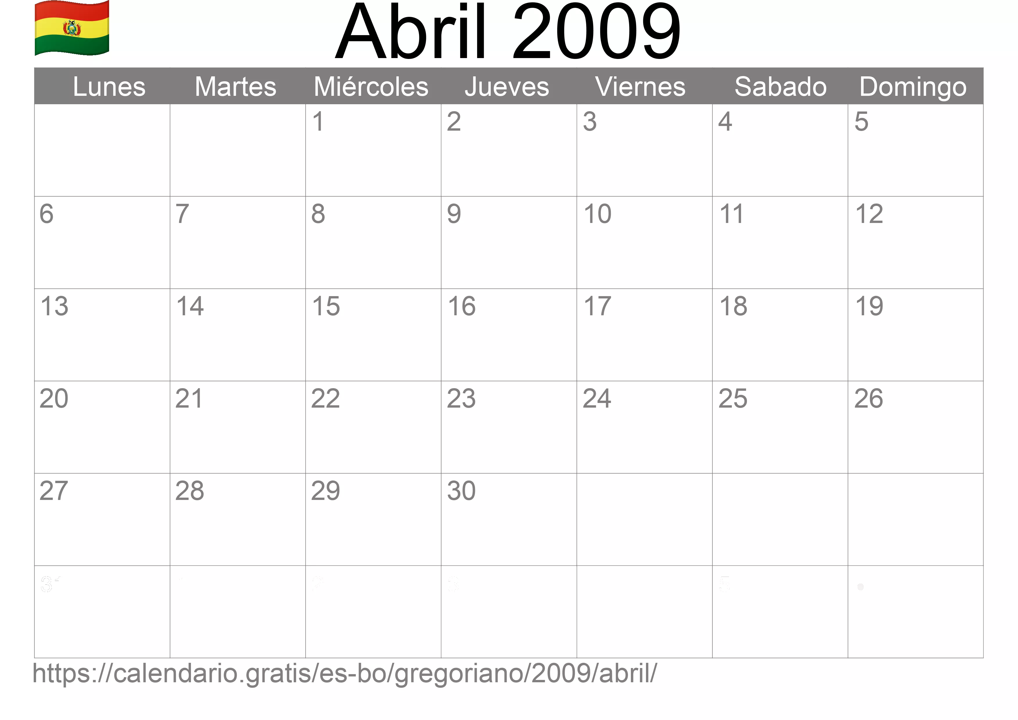 Calendario Abril 2009 para imprimir (Bolivia)