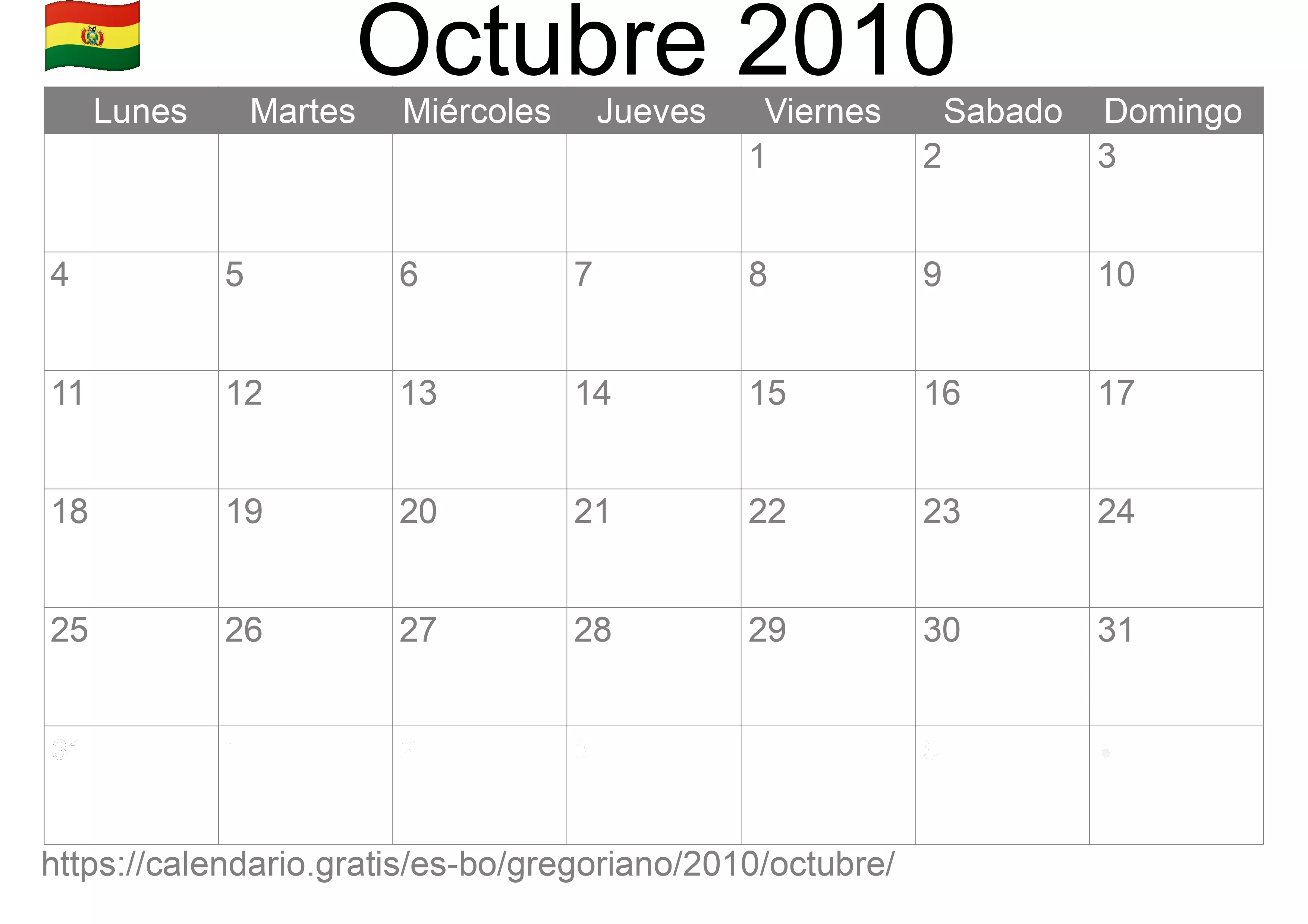 Calendario Octubre 2010 para imprimir (Bolivia)