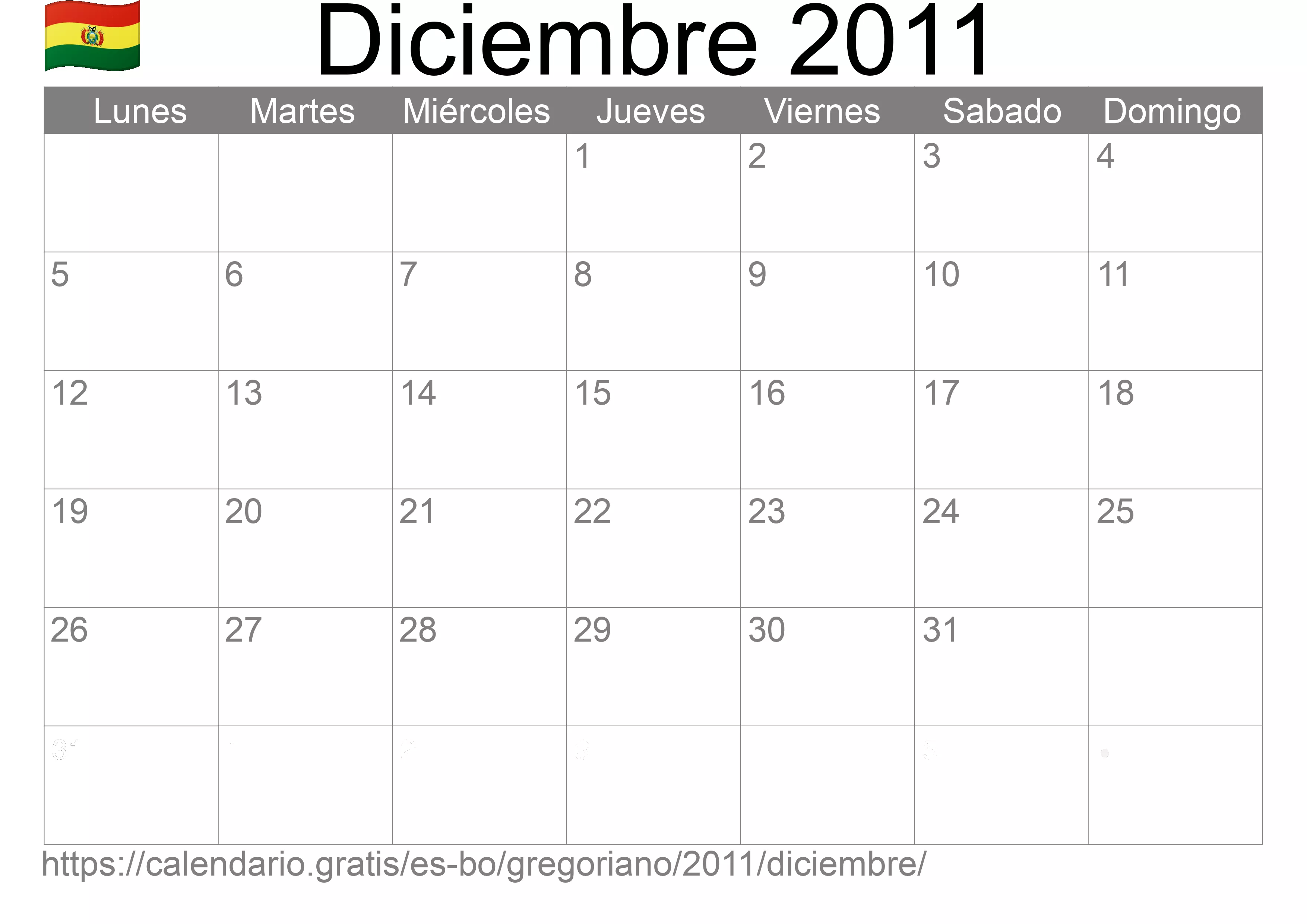 Calendario Diciembre 2011 para imprimir (Bolivia)