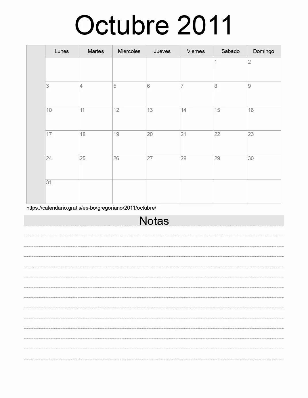 Calendario Octubre 2011 para imprimir con notas. (Bolivia)