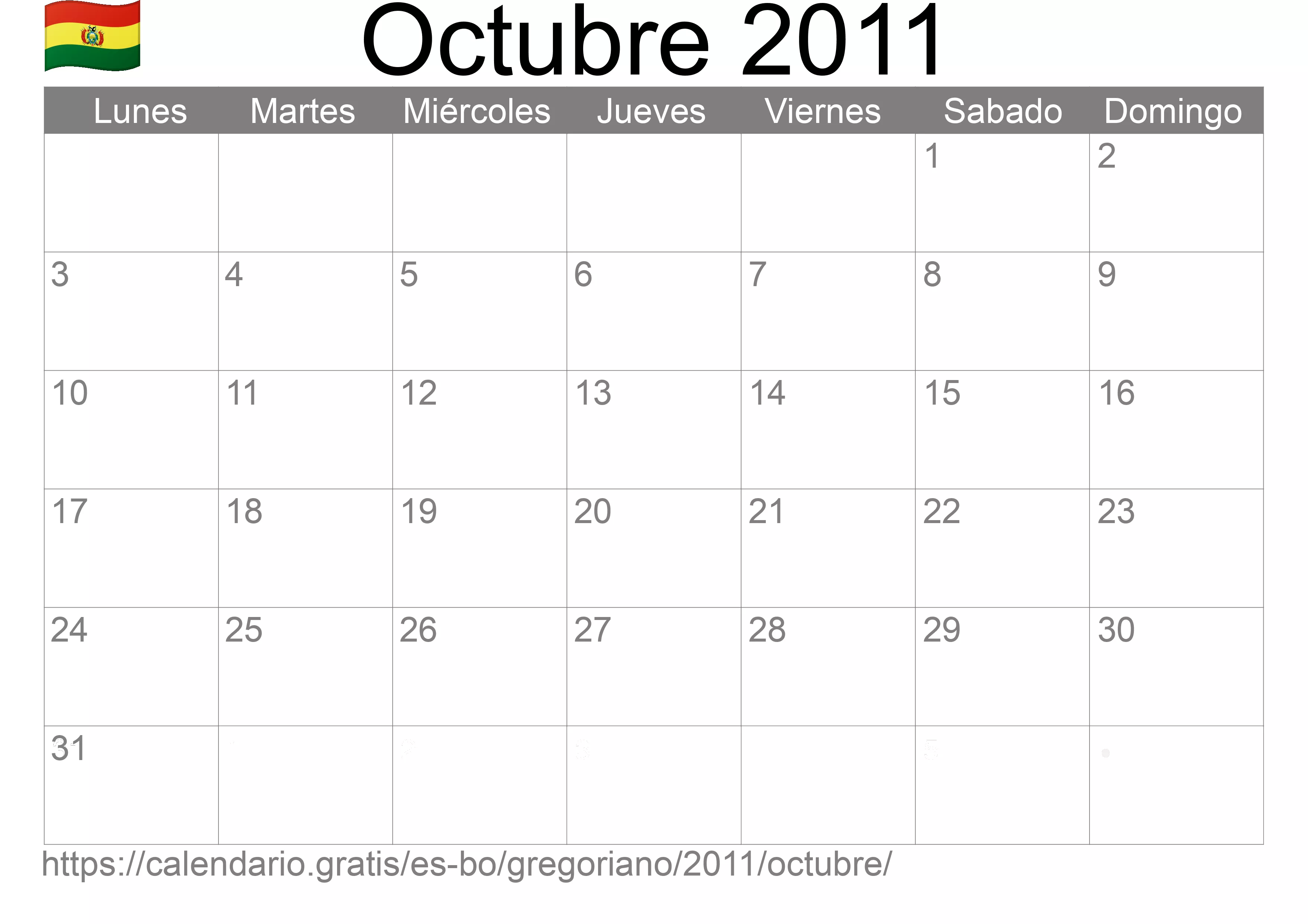 Calendario Octubre 2011 para imprimir (Bolivia)