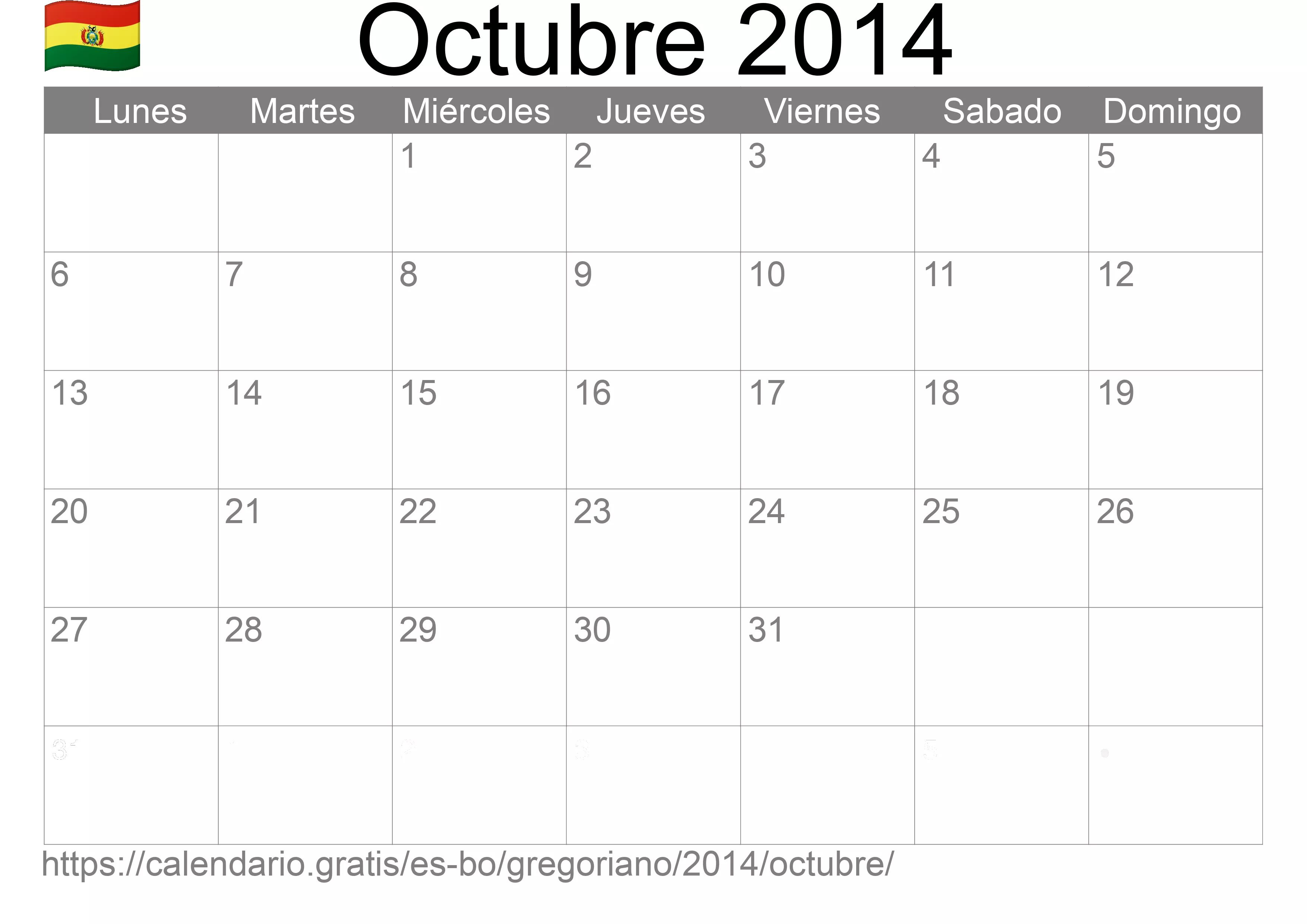 Calendario Octubre 2014 para imprimir (Bolivia)