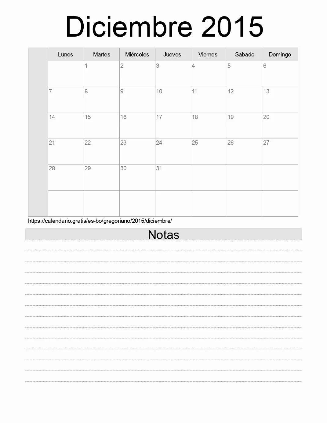 Calendario Diciembre 2015 para imprimir con notas. (Bolivia)